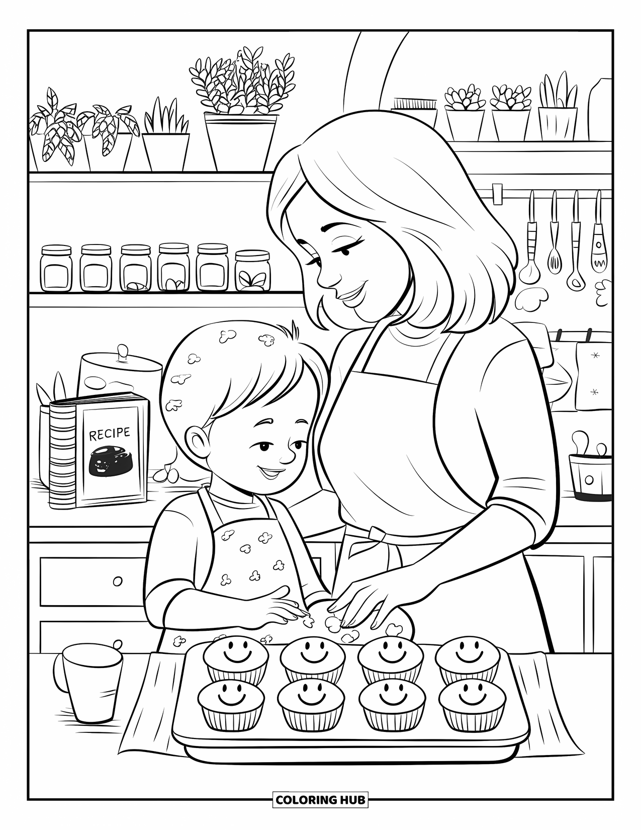 Happy Birthday Mom Coloring Page for Adults: Child and mom baking cupcakes in a cozy kitchen with jars, plants, and recipe book