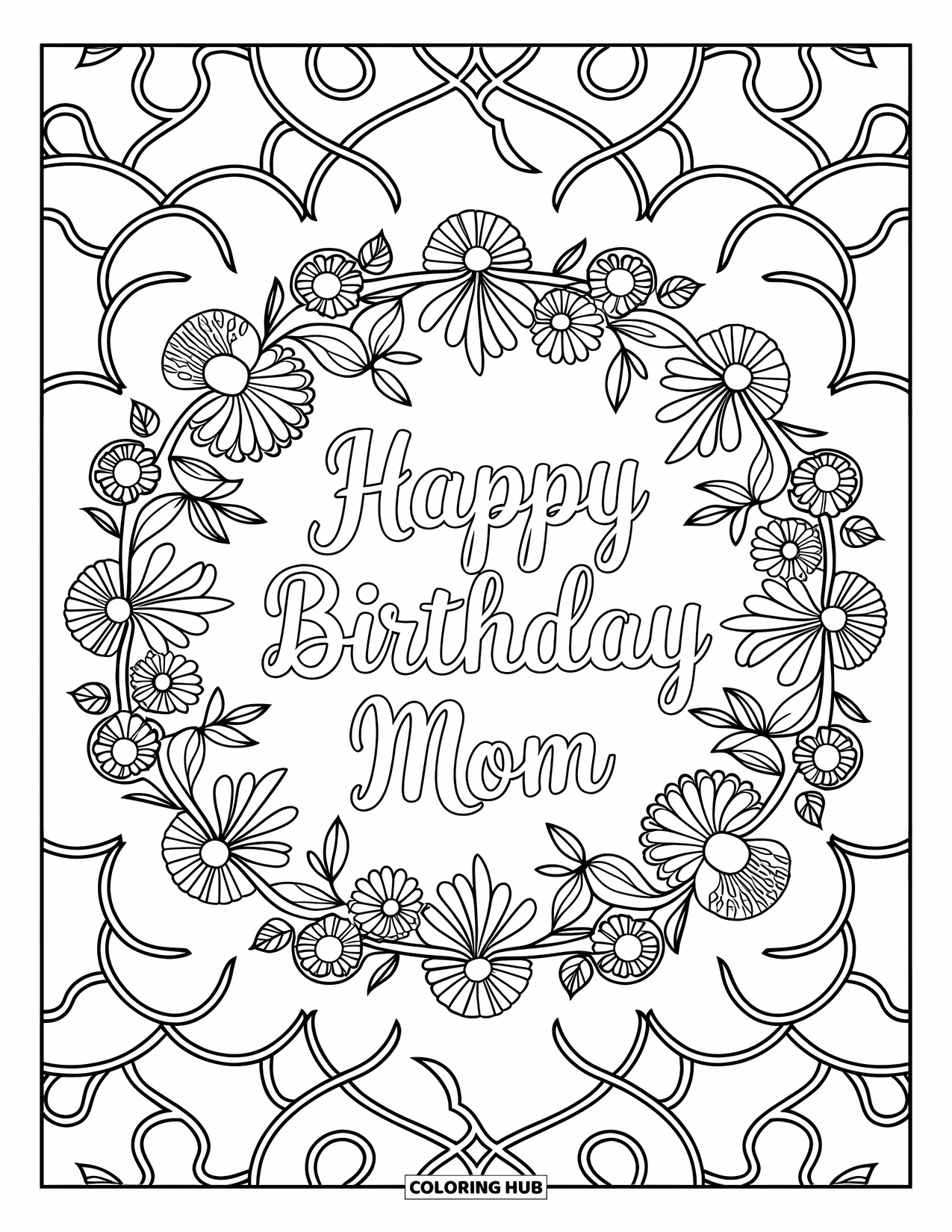 Happy Birthday Mom Coloring Page for Adults: Intricate floral mandala with "Happy Birthday Mom" surrounded by vines and patterns