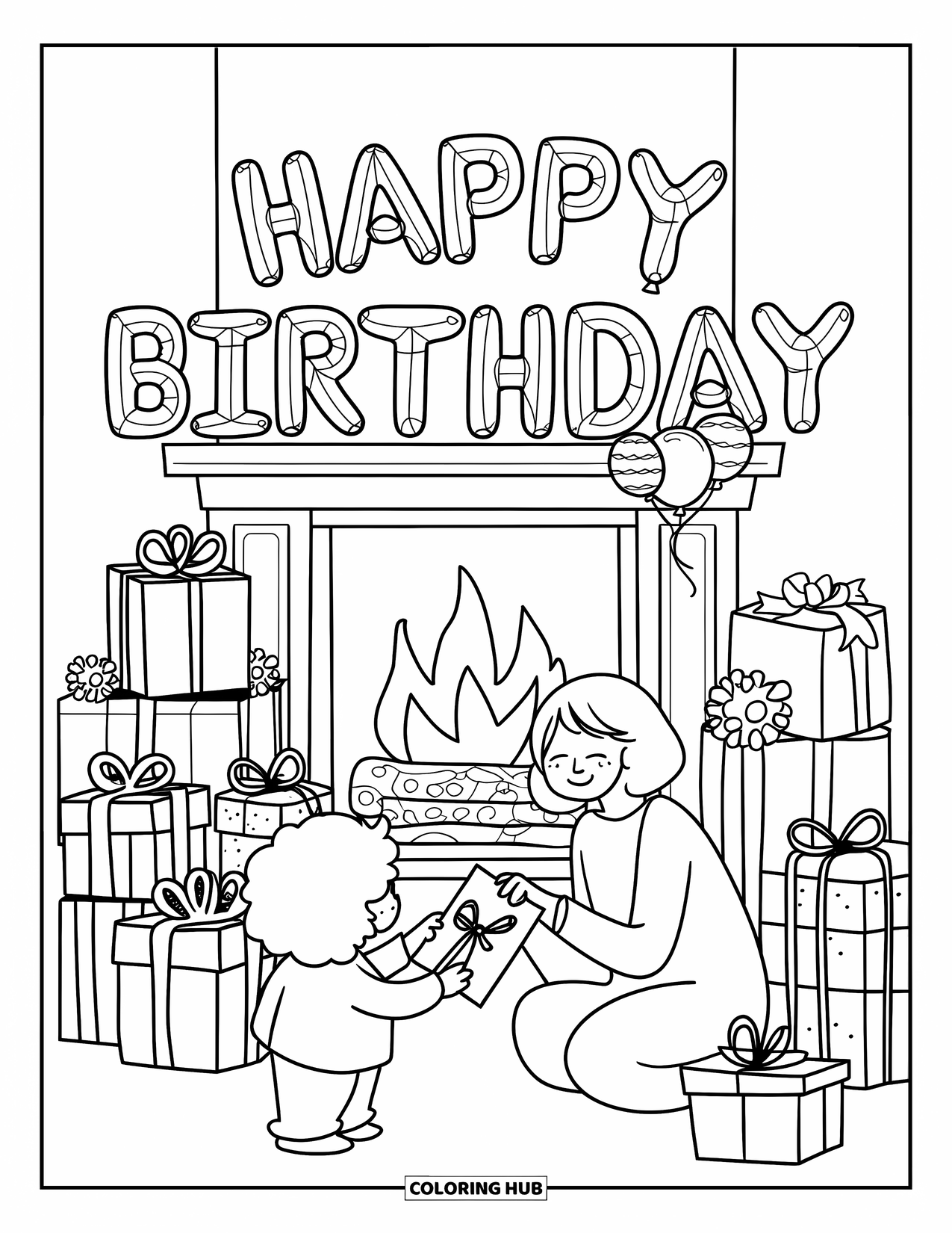 Happy Birthday Mom Coloring Page for Adults: Kawaii living room with birthday balloons, fireplace, gifts, and mom hugging child