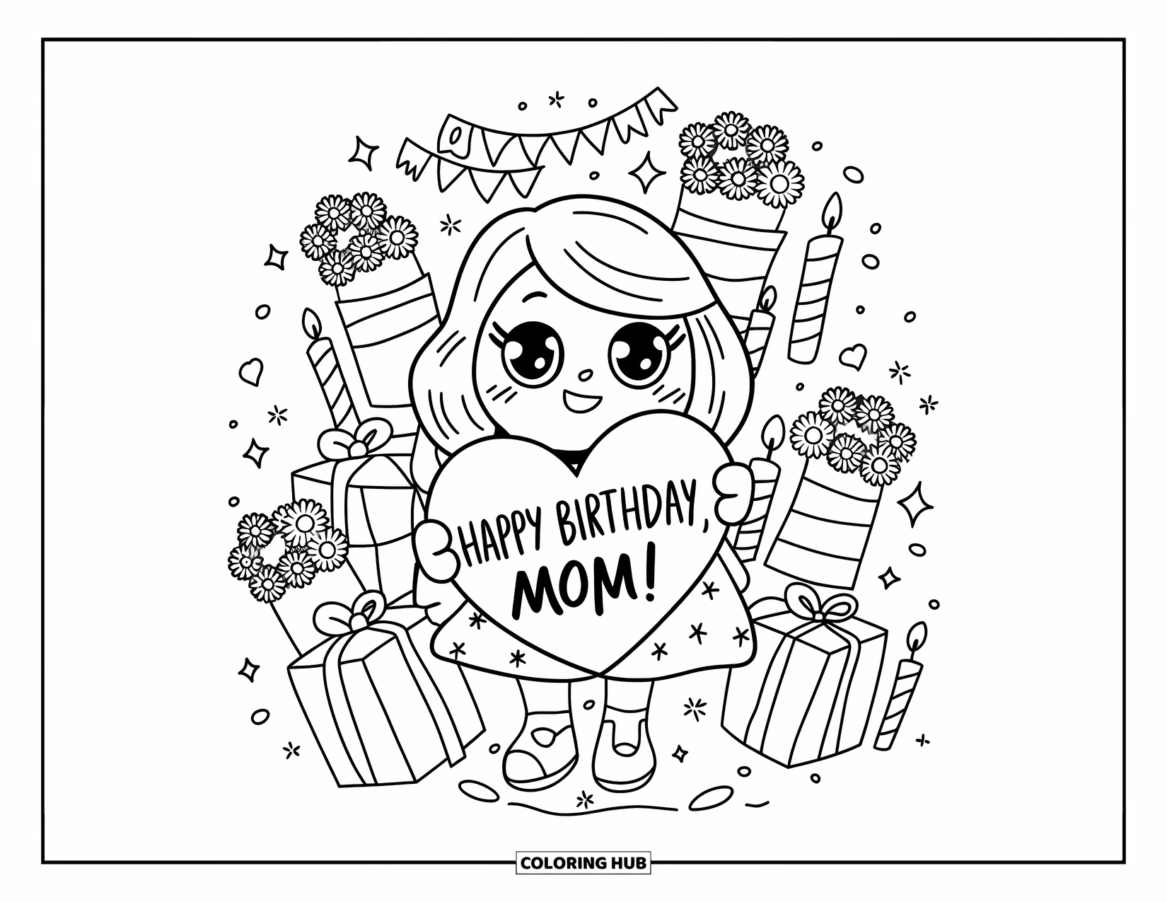 Happy Birthday Mom Coloring Page for Adults: Kawaii mom surrounded by gifts, candles, flowers, ribbons, and a birthday message