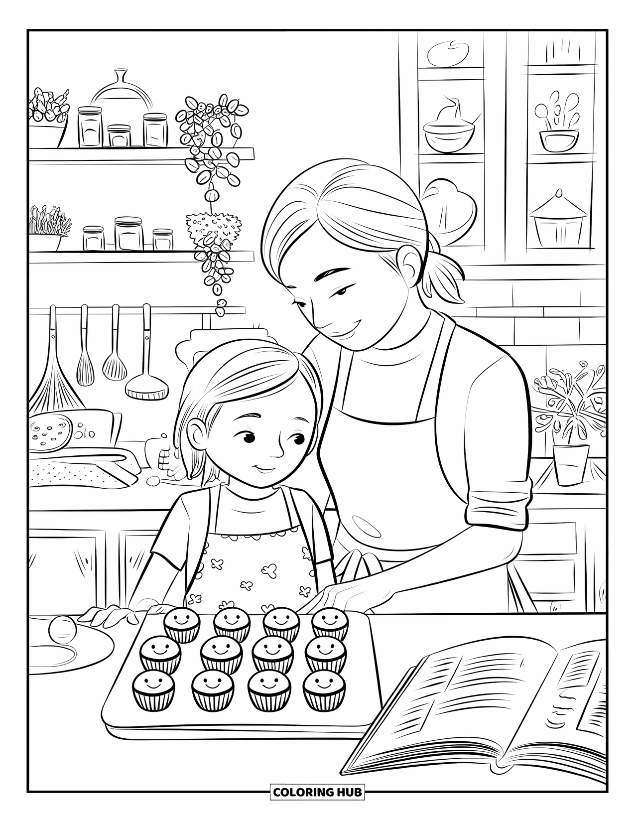 Happy Birthday Mom Coloring Page for Adults: Mom and child baking cupcakes together in a warm, cozy kitchen with jars and plants