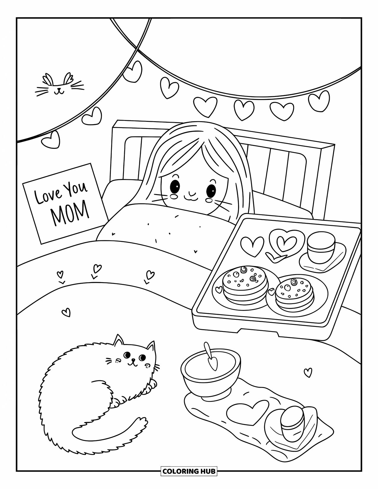 Happy Birthday Mom Coloring Page for Adults: Mom tucked in bed with pancakes, love note, cat at foot, and wall garlands