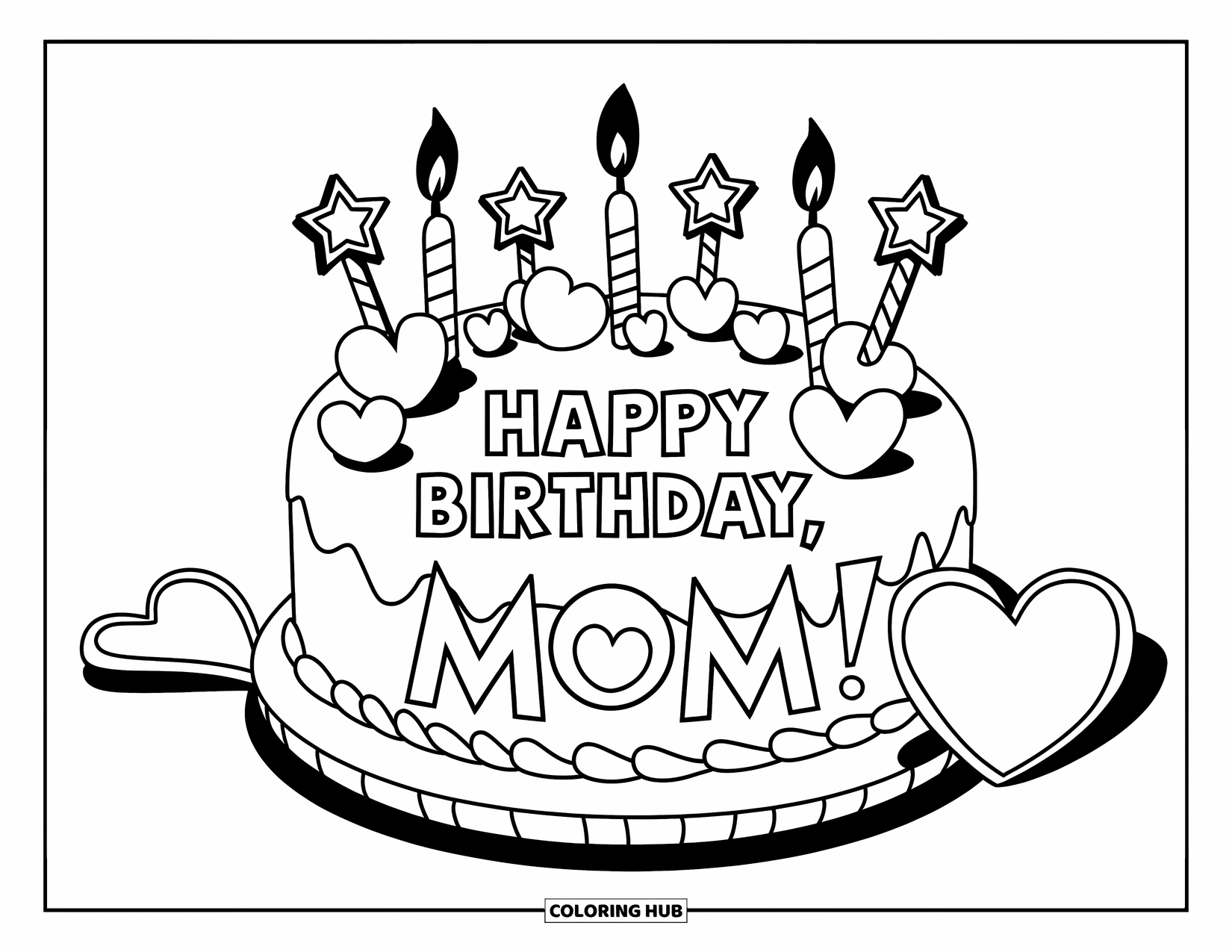 Happy Birthday Mom Coloring Page for Kids: A birthday cake with stars, hearts, candles, and "Happy Birthday Mom"