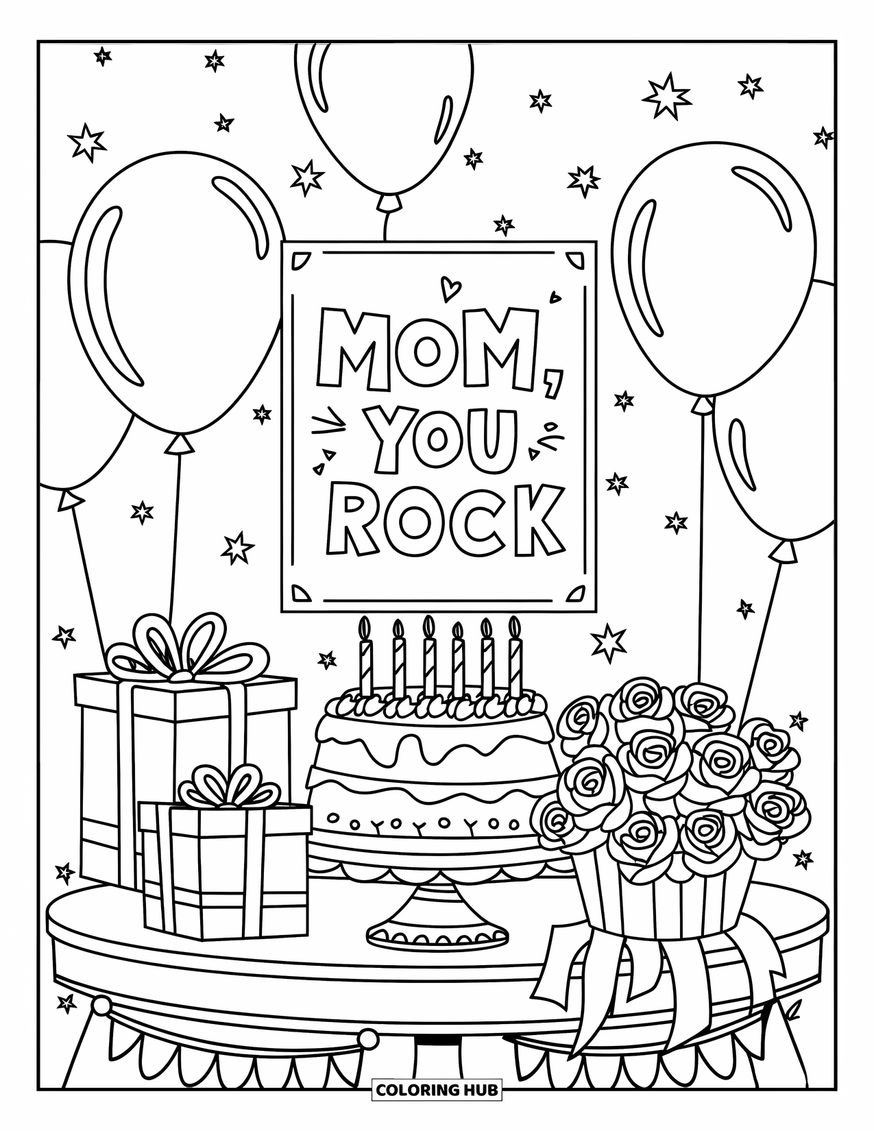 Happy Birthday Mom Coloring Page for Kids: A decorated table with cake, balloons, roses, and a "Mom, You Rock" card