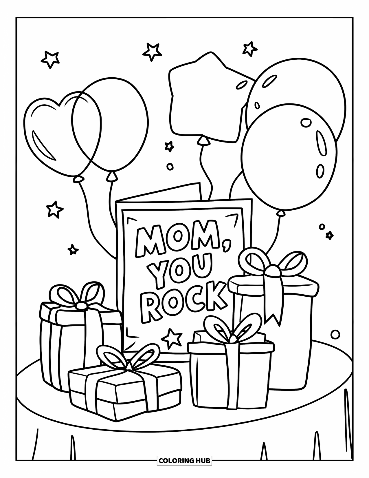 Happy Birthday Mom Coloring Page for Kids: A festive gift table with balloons, presents, and a "Mom, You Rock" card
