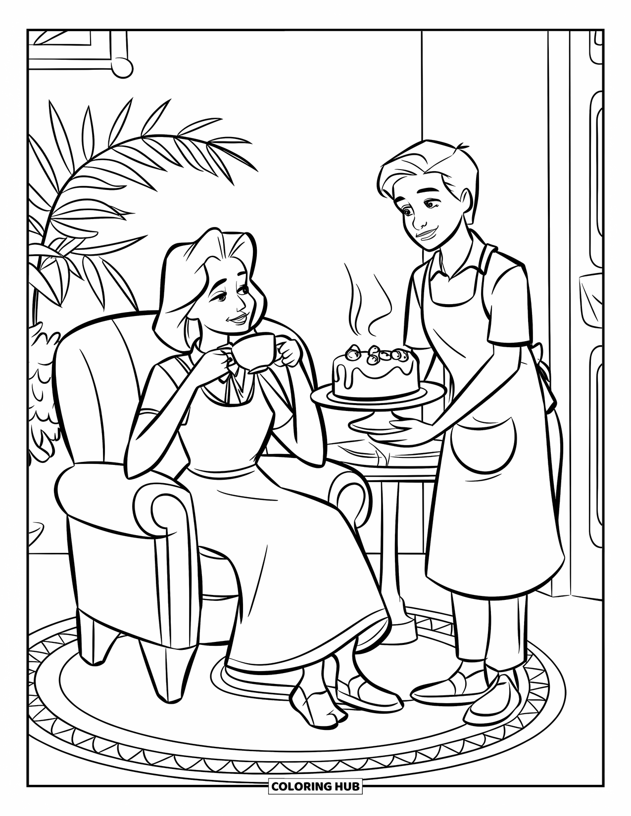Happy Birthday Mom Coloring Page for Kids: A floral-dressed Mom having tea as a teen stands nearby in a cozy room