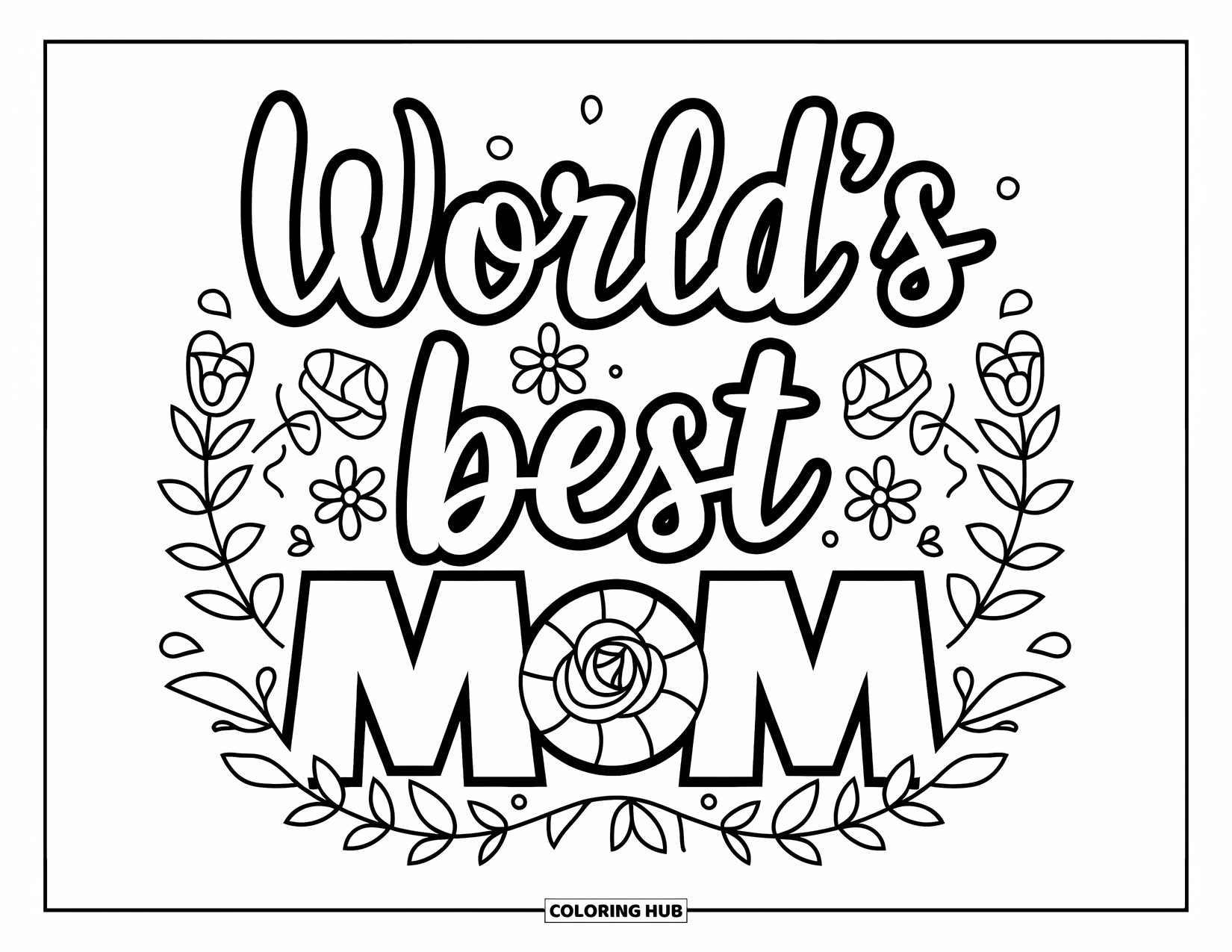 Happy Birthday Mom Coloring Page for Kids: A floral frame with "World's Best Mom" in cursive letters