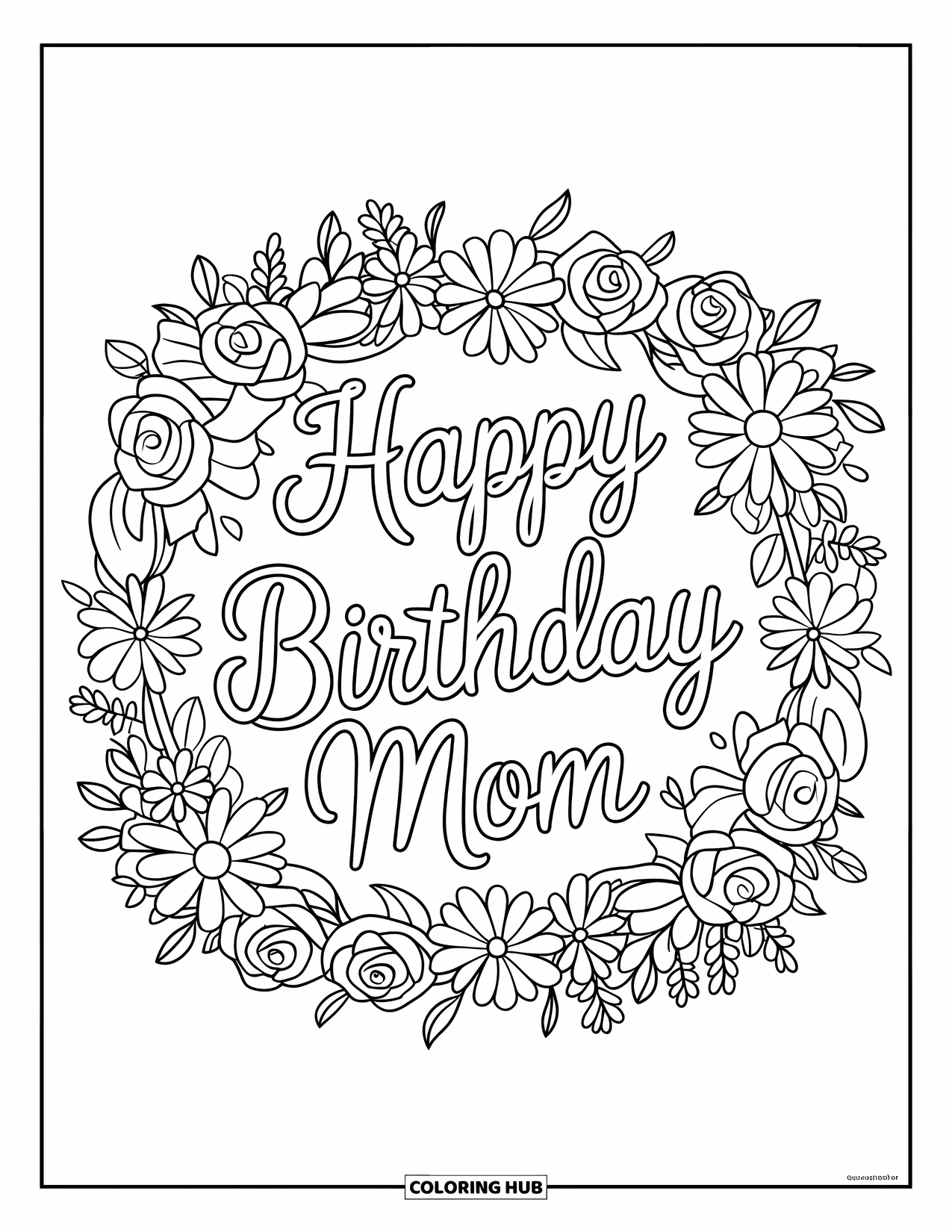 Happy Birthday Mom Coloring Page for Kids: A floral wreath with "Happy Birthday Mom" written in graceful cursive letters