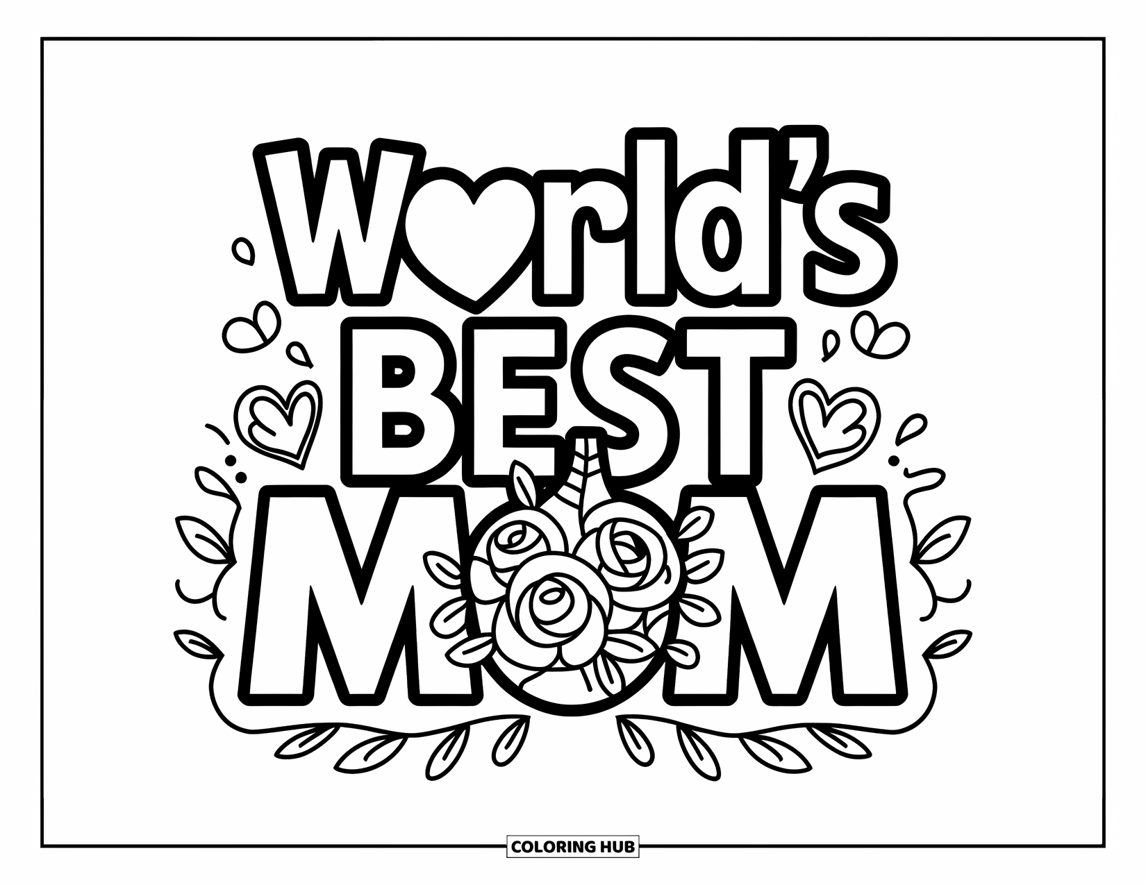 Happy Birthday Mom Coloring Page for Kids: A heartfelt message "World's Best Mom" above a floral vase