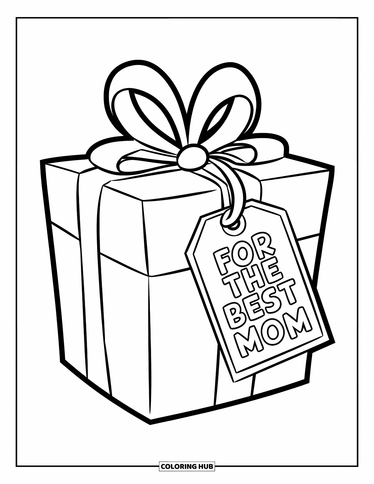 Happy Birthday Mom Coloring Page for Kids: A large wrapped gift with a bow and a "For the Best Mom" tag