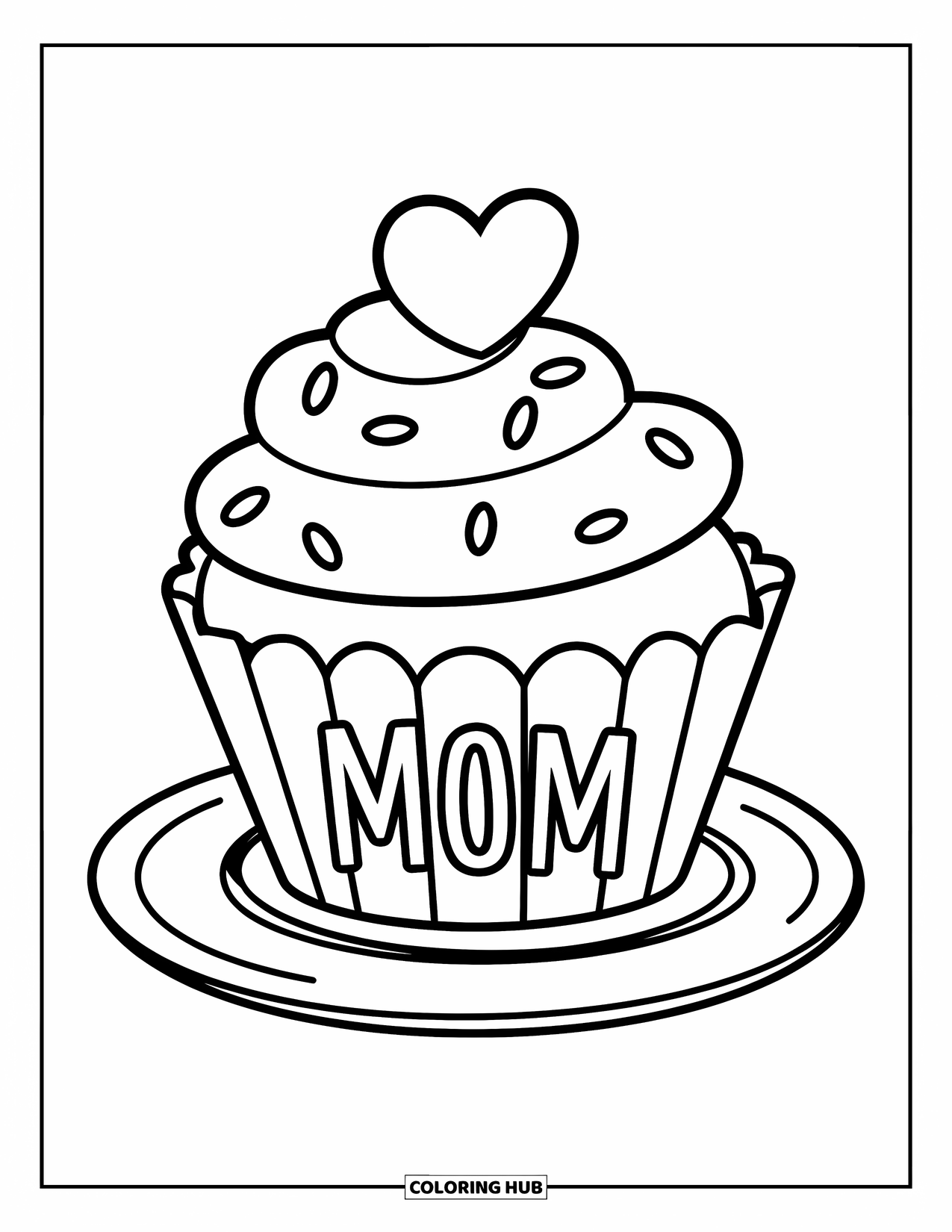 Happy Birthday Mom Coloring Page for Kids: Cute cupcake with sprinkles, a heart on top, and "Mom" on the wrapper
