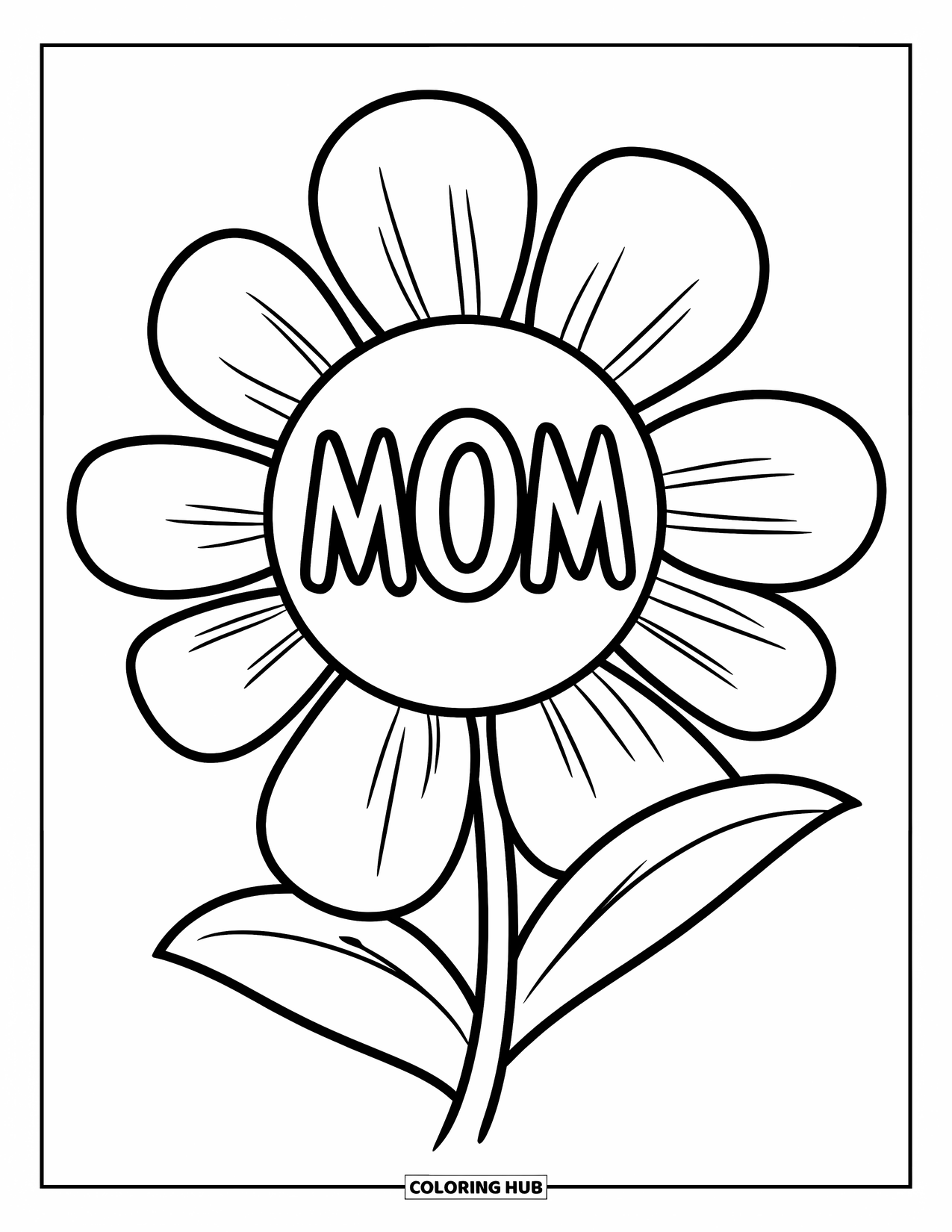 Happy Birthday Mom Coloring Page for Kids: Giant flower with "Mom" in the center and bold petals
