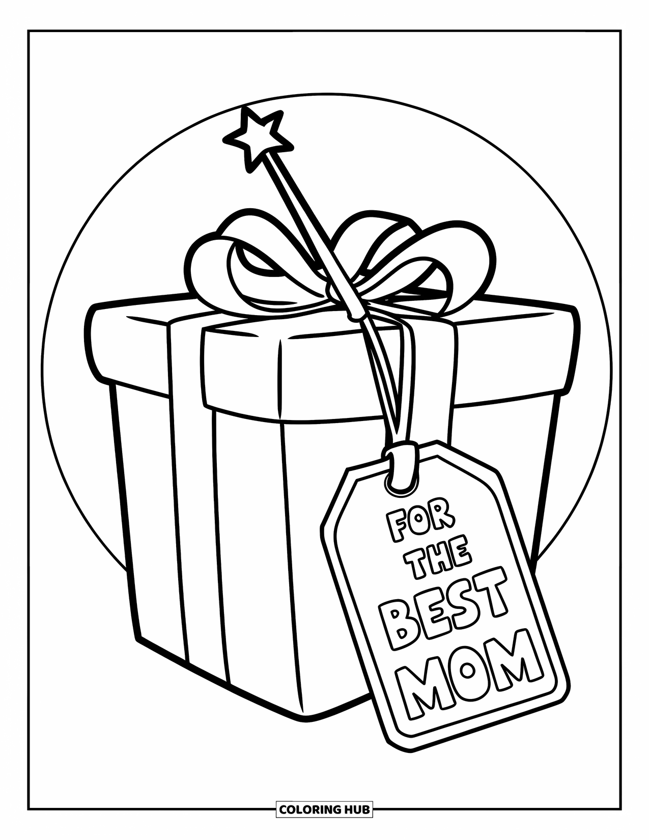 Happy Birthday Mom Coloring Page for Kids: Gift with bow, tag, and a magical wand peeking out