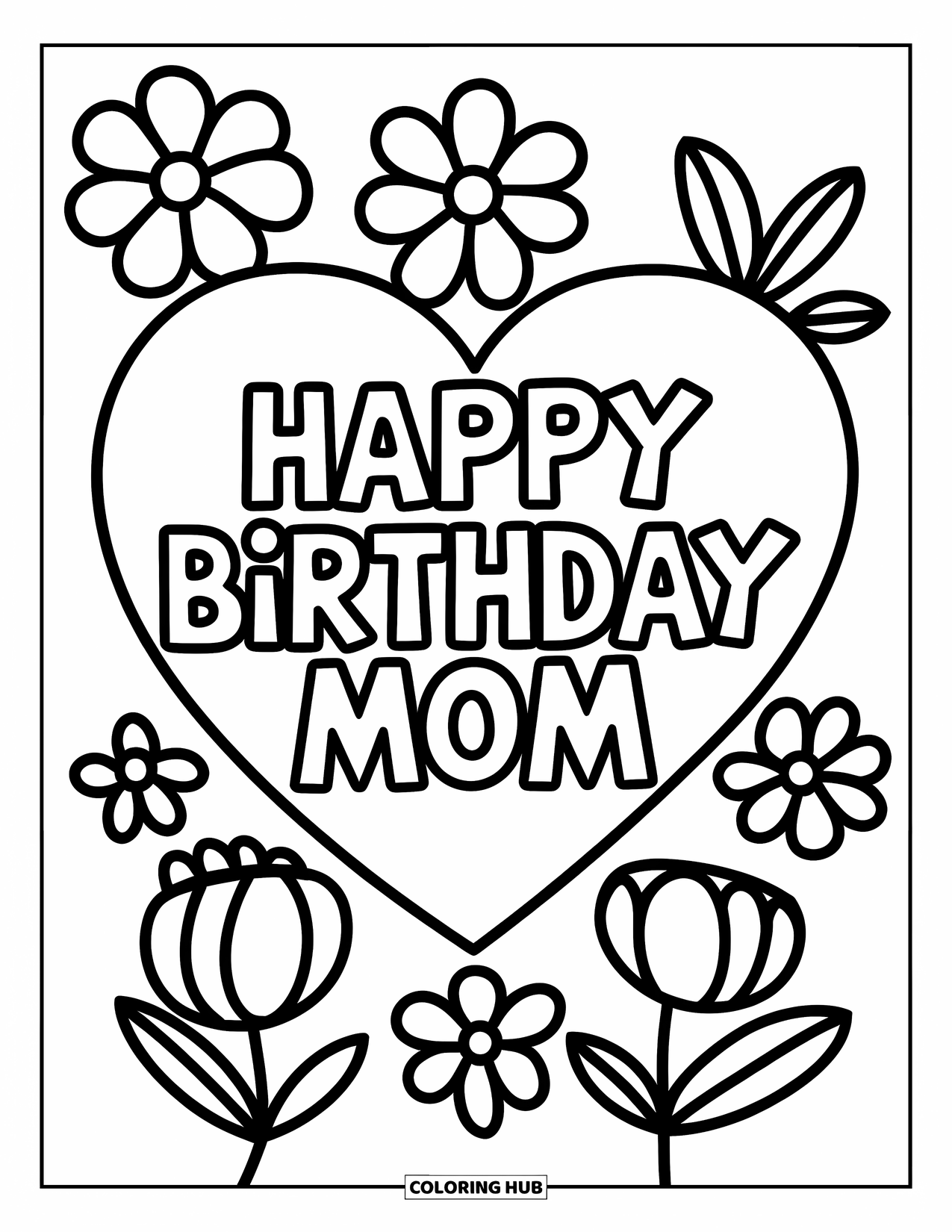 Happy Birthday Mom Coloring Page for Kids: Heart with "Happy Birthday Mom" text and floral details in a playful style