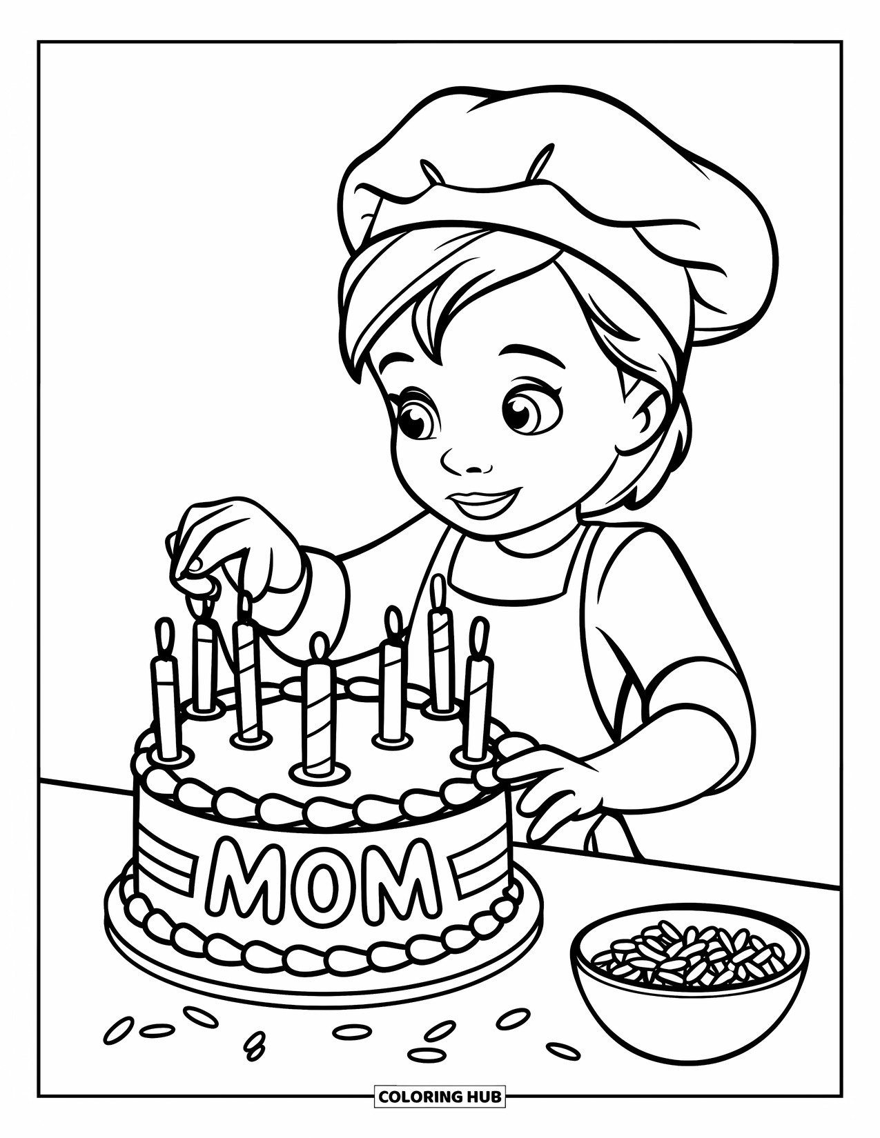 Happy Birthday Mom Coloring Page for Kids: Kid in apron baking a birthday cake labeled "Mom" with sprinkles nearby