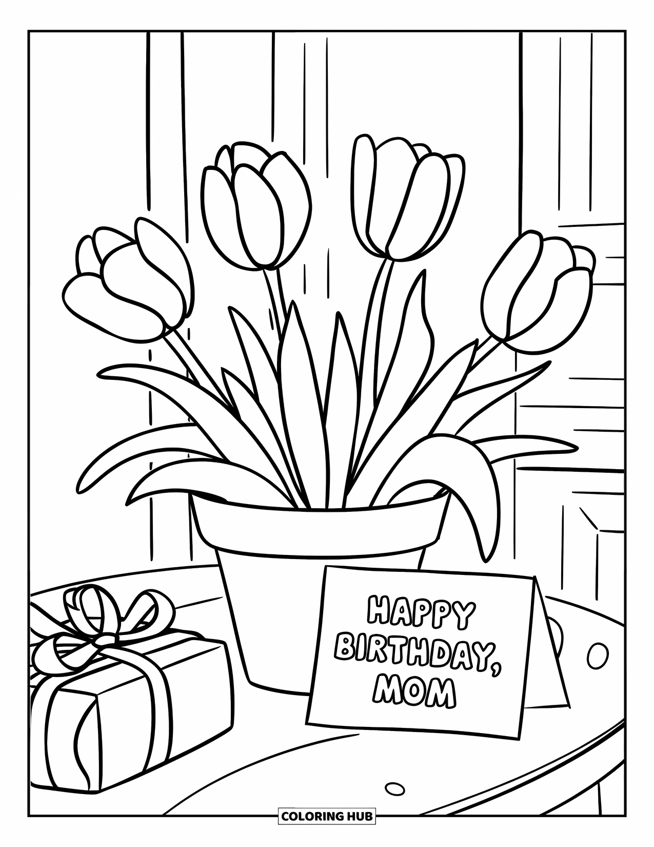 Happy Birthday Mom Coloring Page for Kids: Pot of tulips with a "Happy Birthday Mom" card and a wrapped gift