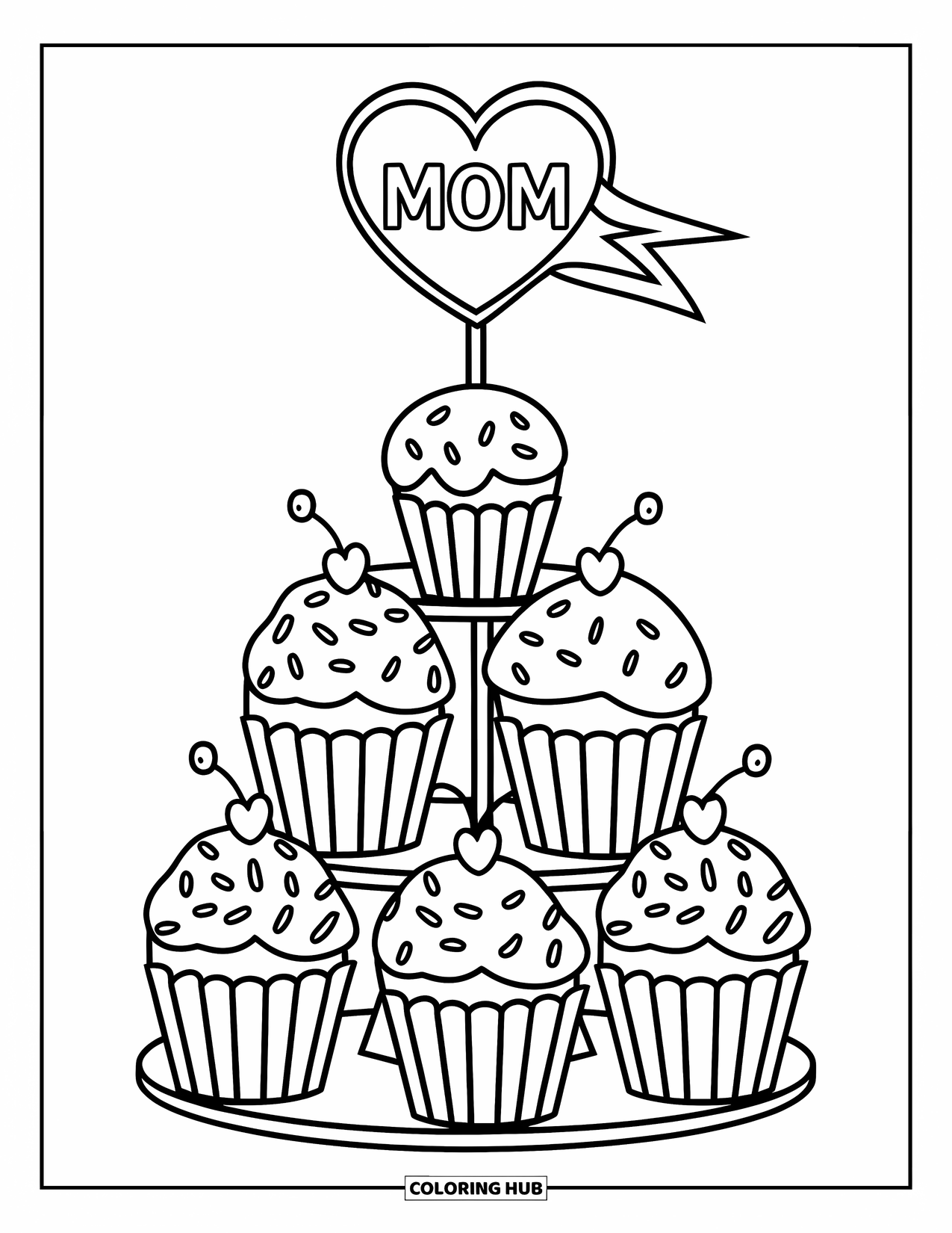 Happy Birthday Mom Coloring Page for Kids: Stacked cupcakes with patterns and a heart flag that says "Mom"