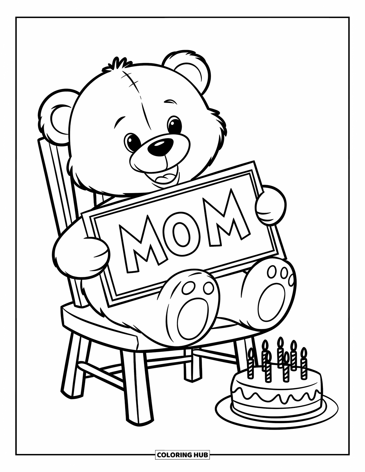 Happy Birthday Mom Coloring Page for Kids: Teddy bear on a chair with a birthday card and cake beside it
