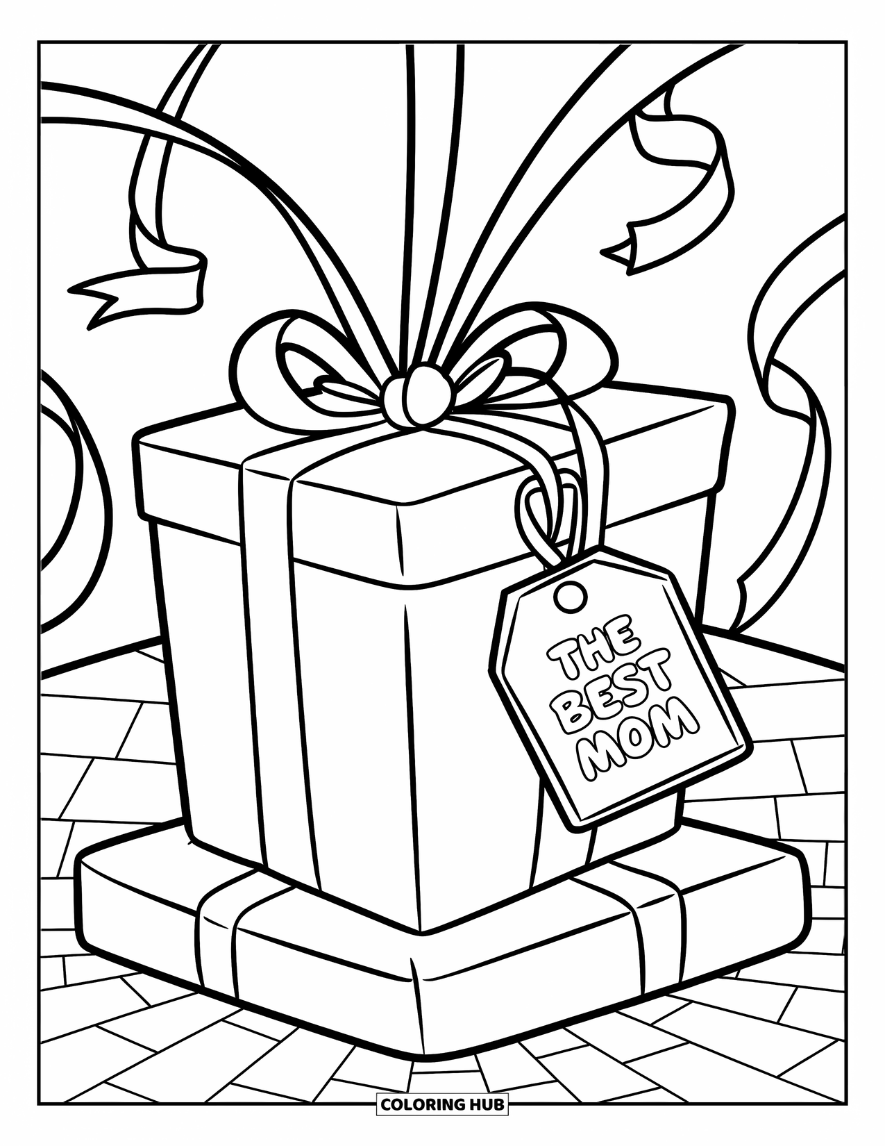 Happy Birthday Mom Coloring Page for Kids: Wrapped gift with streaming ribbons and a "For the Best Mom" tag