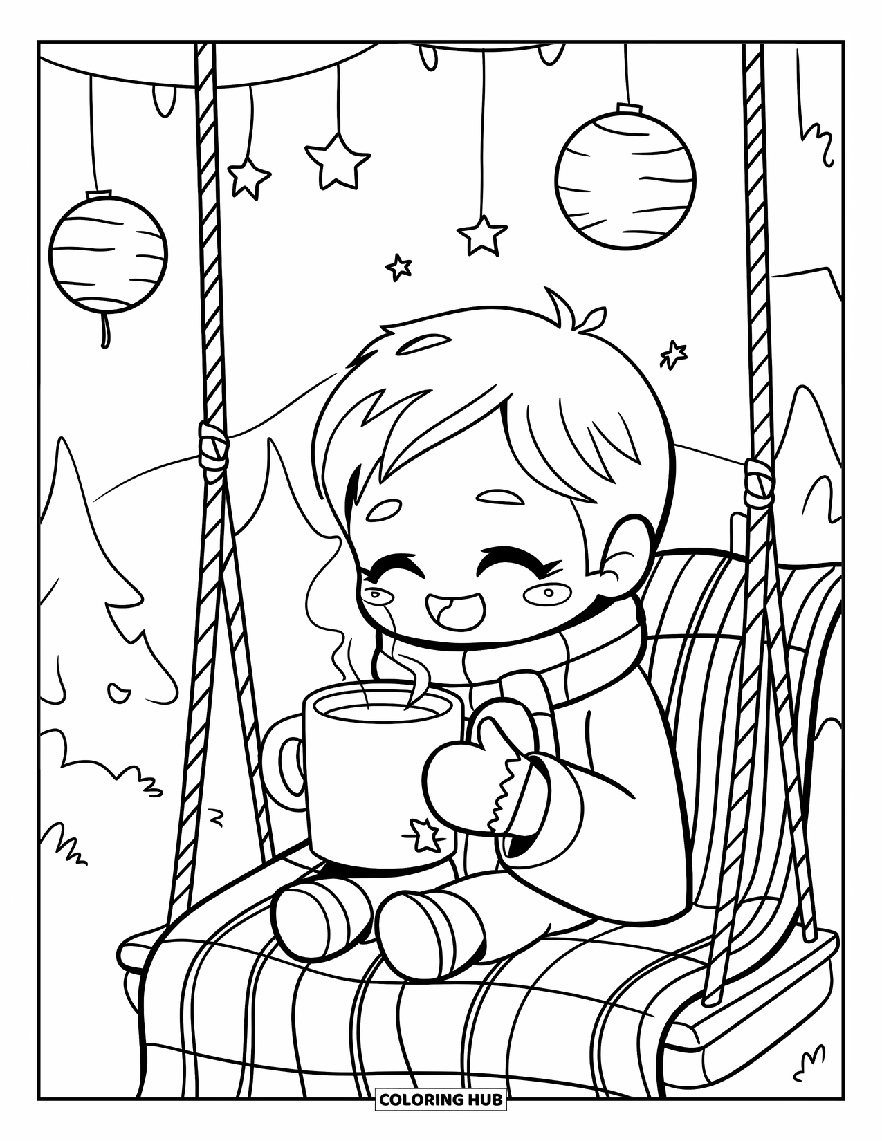 Happy Coloring Page for Adults: A cheerful boy on a porch swing holds a steaming mug under lanterns and paper stars