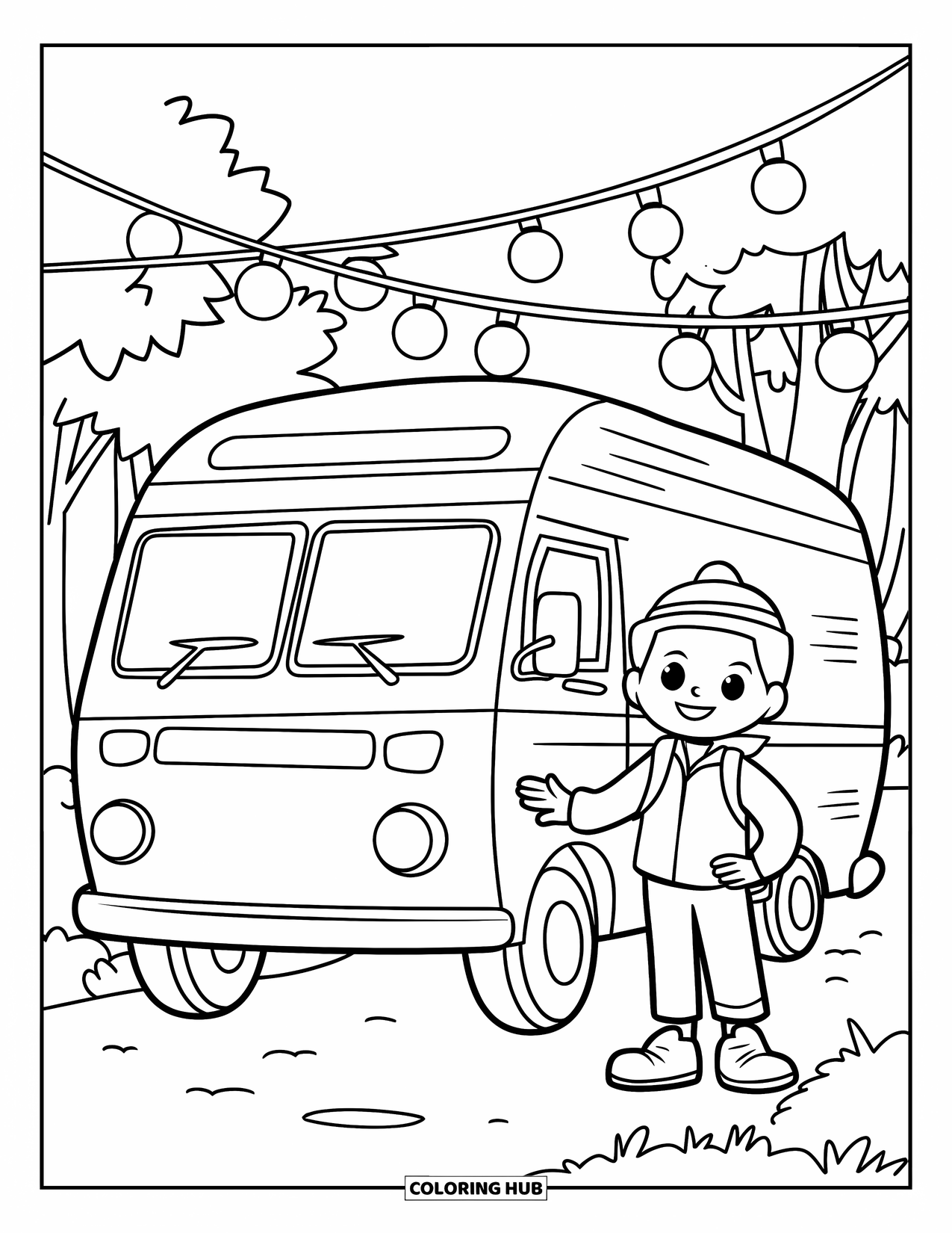 Happy Coloring Page for Adults: A cheerful camper stands by a van under string lights in a peaceful forest setting
