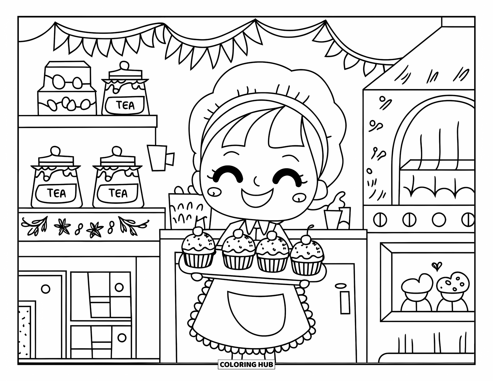 Happy Coloring Page for Adults: A cheerful chibi baker carries cupcakes in a snug bakery with jars, bunting, and an oven