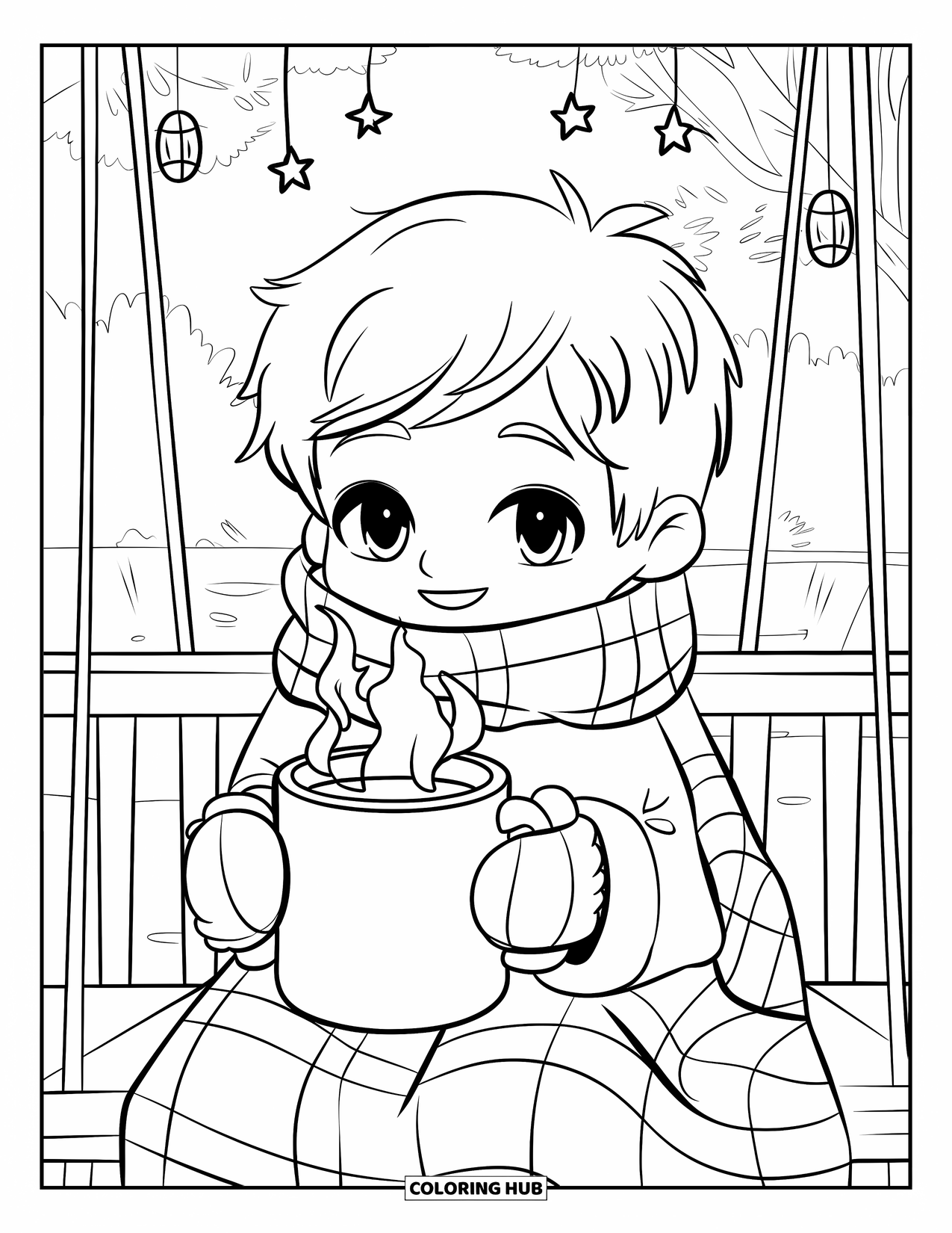 Happy Coloring Page for Adults: A cozy boy with a scarf and mittens enjoys a warm drink on a porch swing