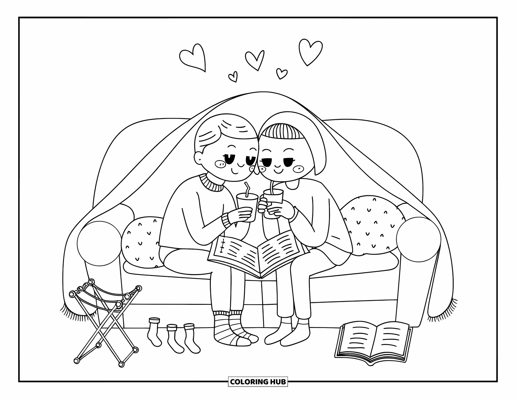 Happy Coloring Page for Adults: A cute couple enjoys warm drinks and a book while relaxing together on a couch