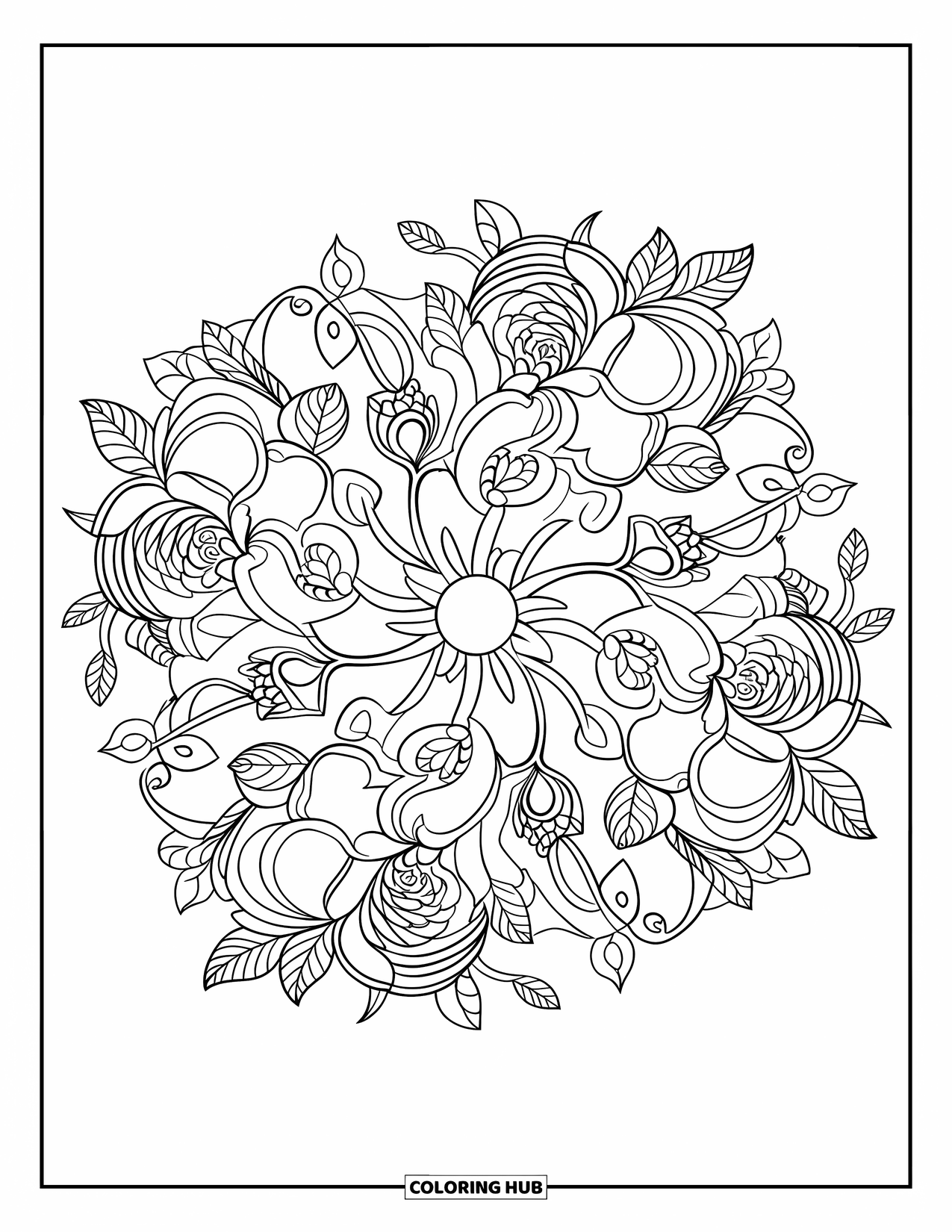 Happy Coloring Page for Adults: A detailed floral mandala with blooming roses, swirling vines, and graceful leaves