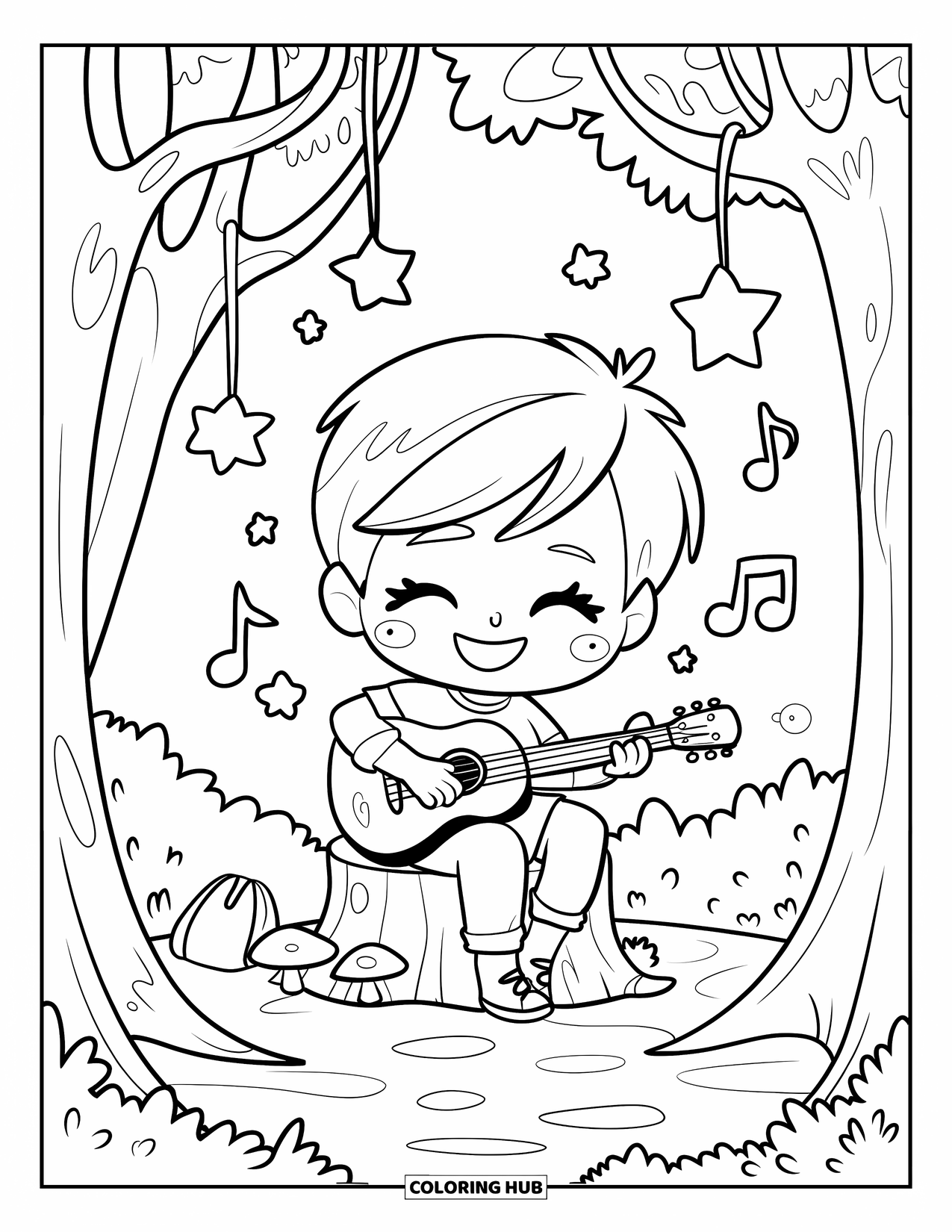 Happy Coloring Page for Adults: A happy boy plays guitar on a stump surrounded by notes, mushrooms, and hanging stars