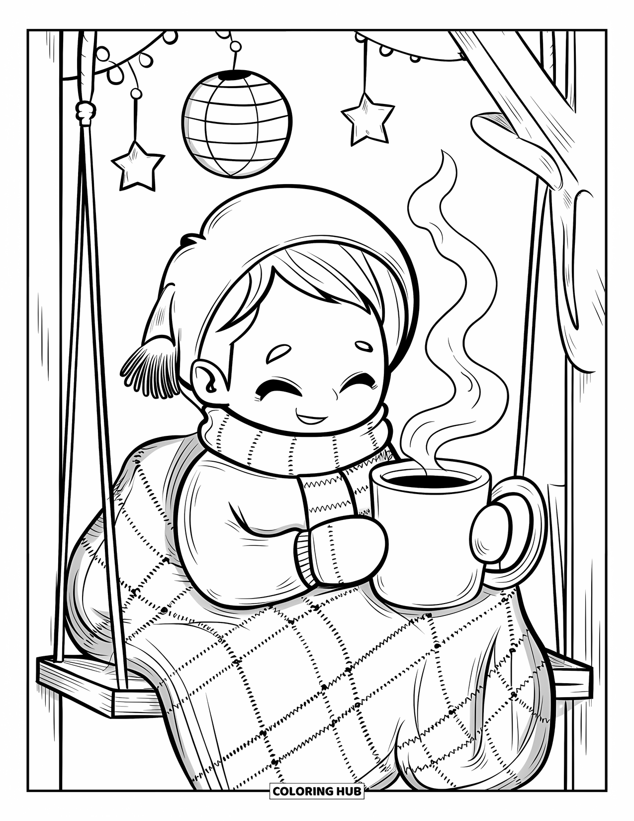 Happy Coloring Page for Adults: A happy boy wrapped in a scarf sits on a swing with a warm drink and stars above