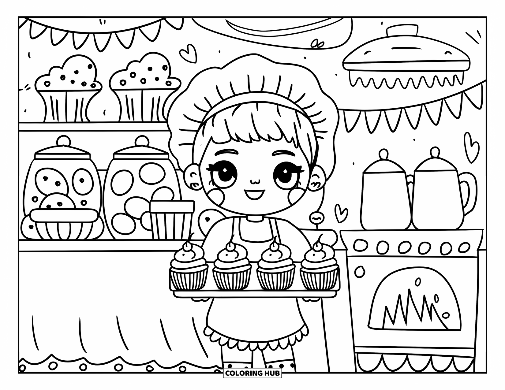 Happy Coloring Page for Adults: A smiling chibi baker holds cupcakes in a cozy bakery filled with sweet little details