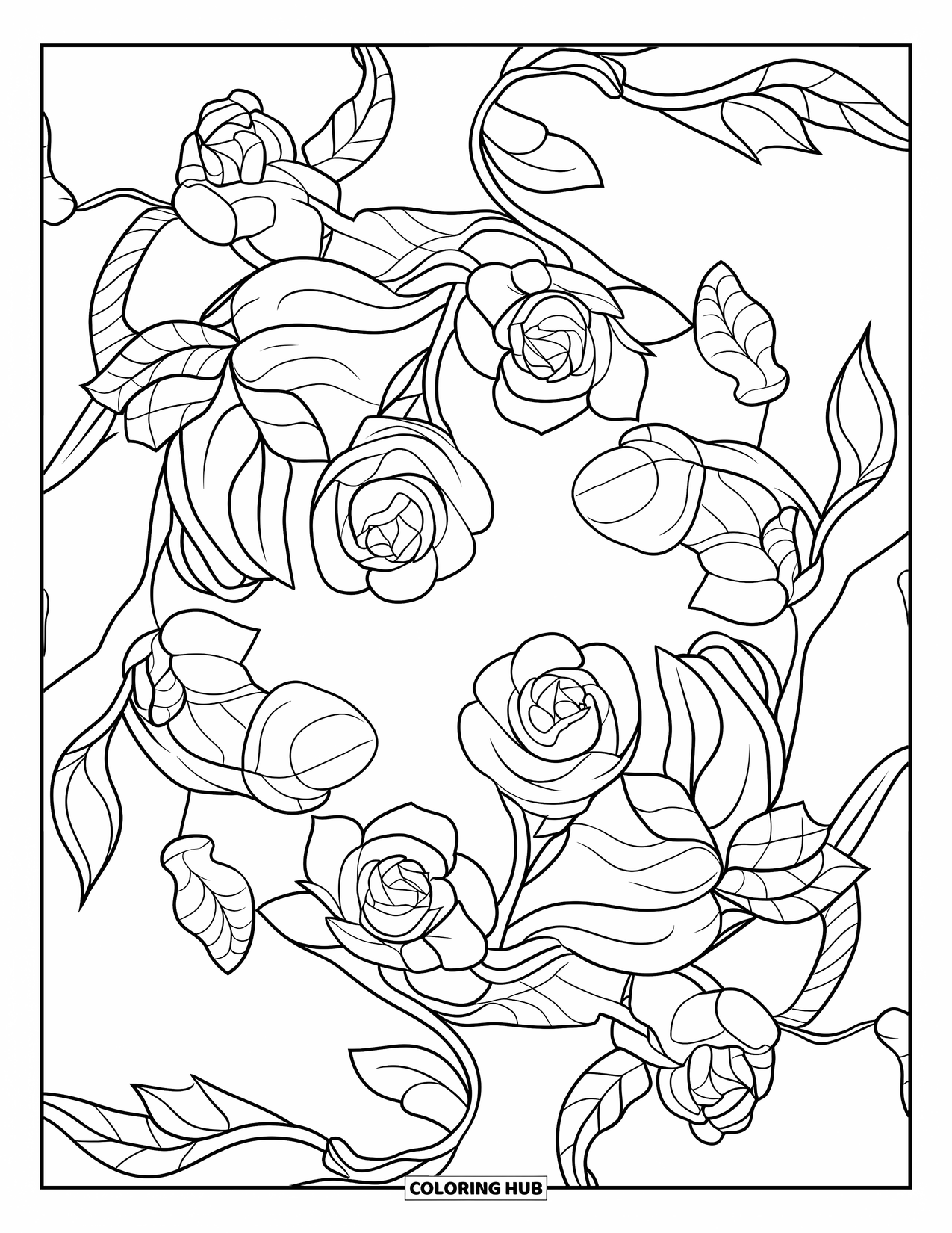 Happy Coloring Page for Adults: Blooming roses and curling vines fill this elegant and peaceful floral mandala