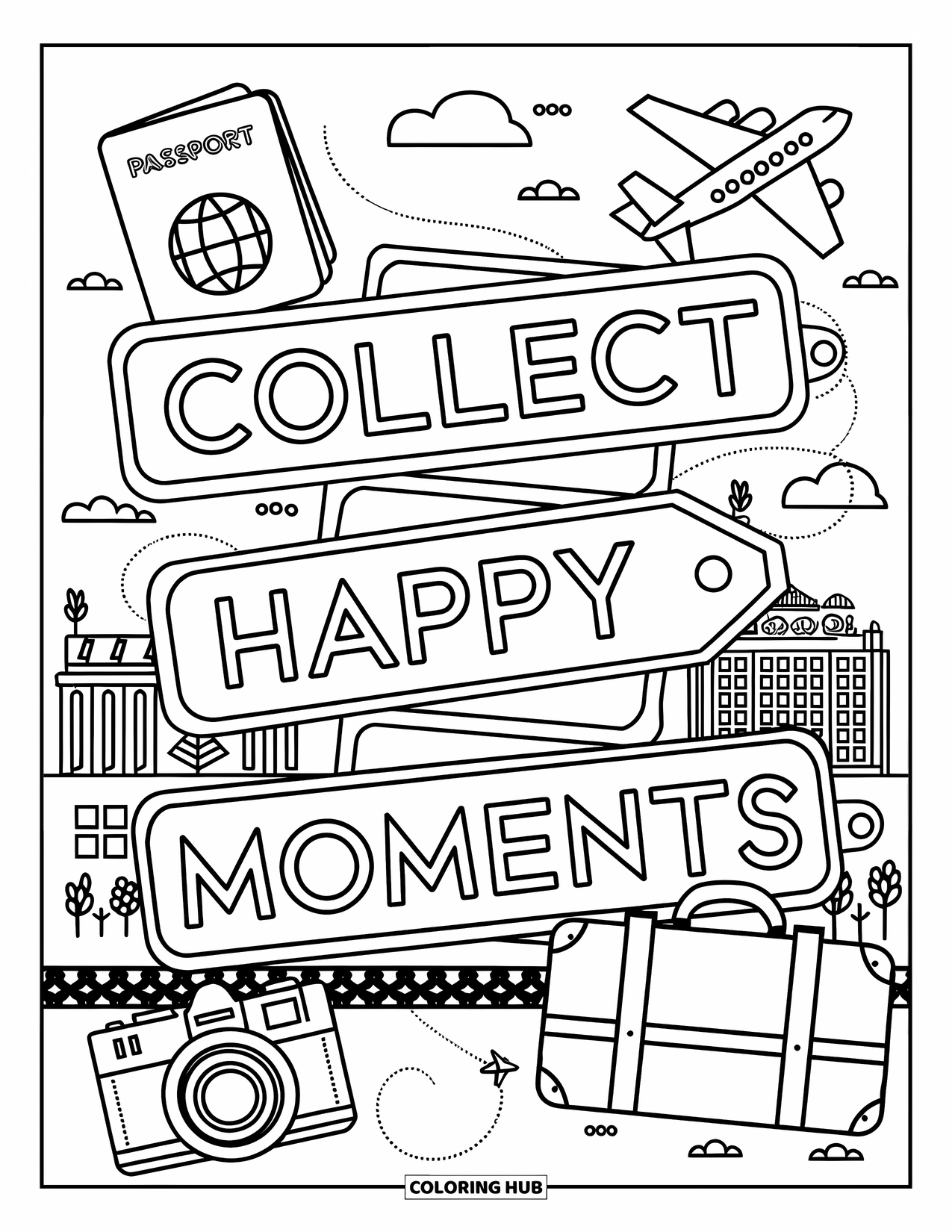Happy Coloring Page for Adults: "Collect Happy Moments" appears on luggage tags with travel icons and a city backdrop