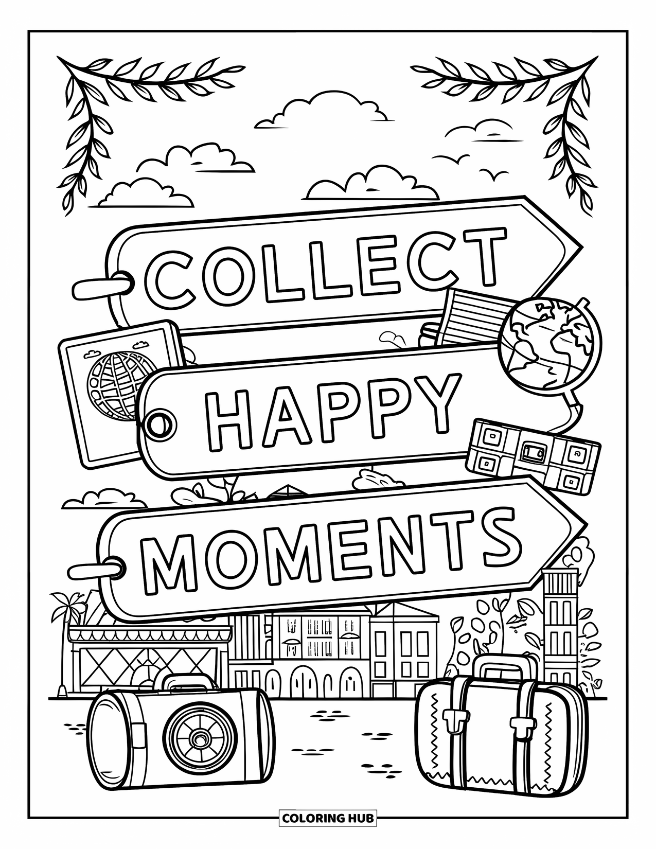 Happy Coloring Page for Adults: Luggage tags with "Collect Happy Moments" are surrounded by travel items and leafy borders