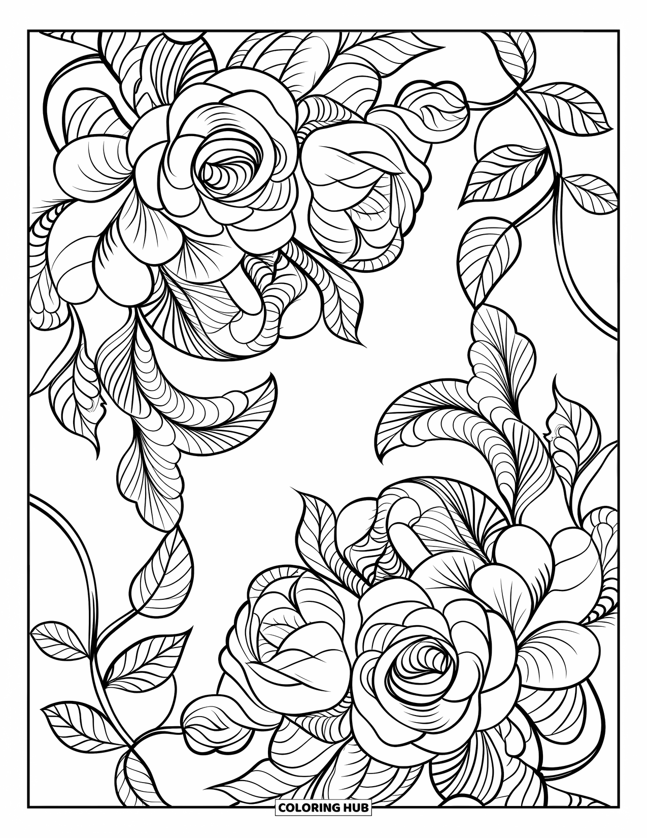 Happy Coloring Page for Adults: Roses, vines, and swirling leaves form a balanced and calming floral mandala