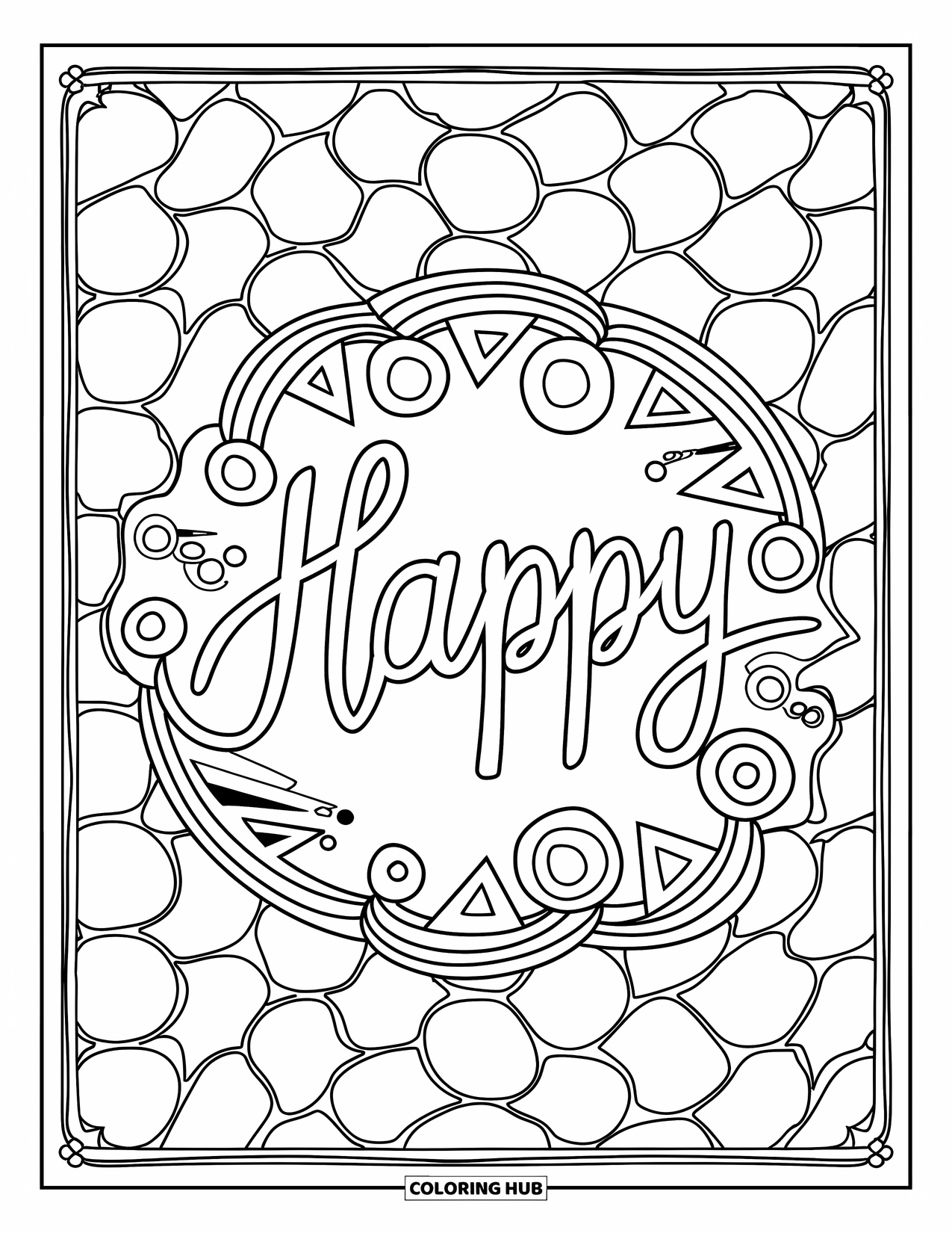 Happy Coloring Page for Adults: The word "Happy" sits in a wreath of shapes and swirls with a decorative border