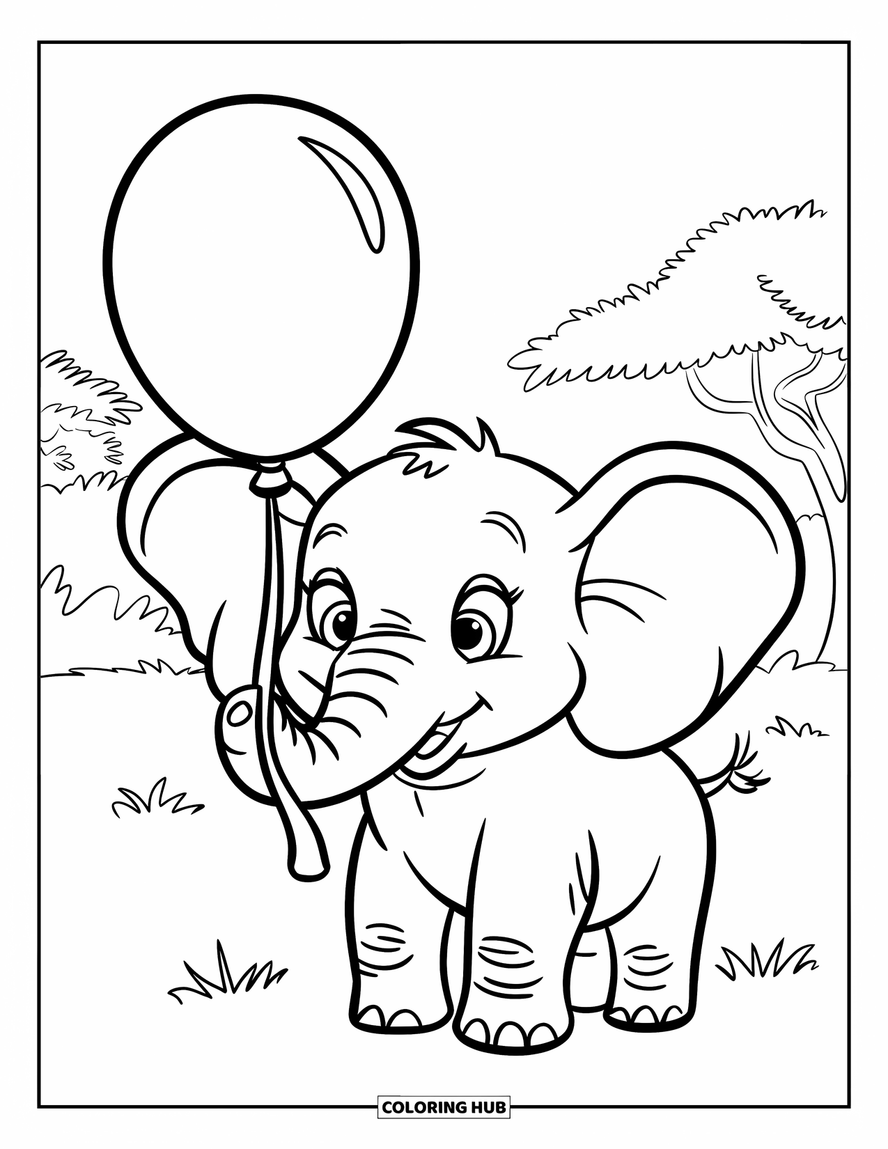 Happy Coloring Page for Kids: A cheerful baby elephant lifts a balloon with its trunk near trees in the background