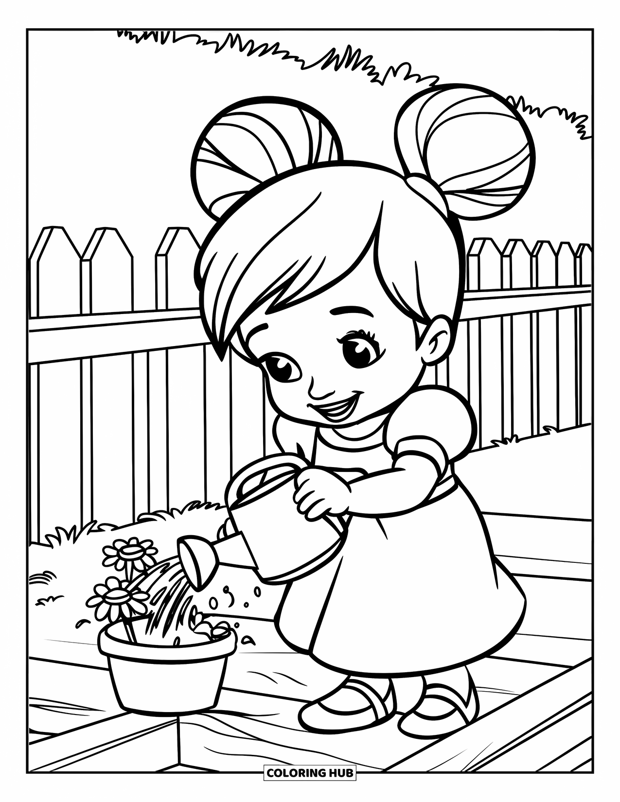 Happy Coloring Page for Kids: A cheerful child waters flowers on a small platform near a picket fence