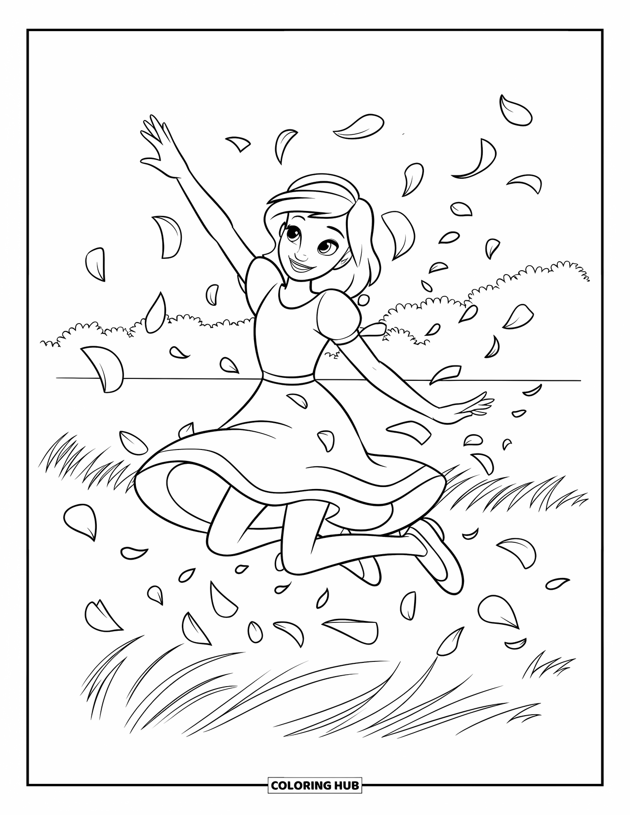 Happy Coloring Page for Kids: A cheerful girl leaps through petals, arms up, surrounded by flowers and joy