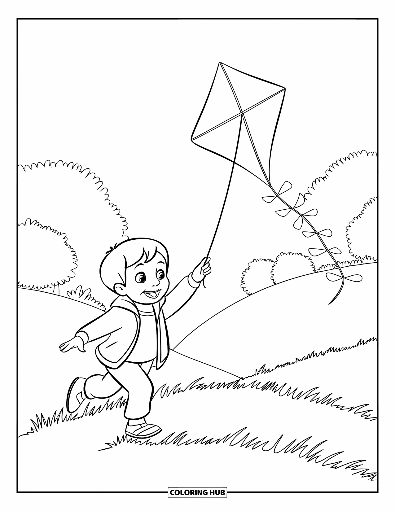 Happy Coloring Page for Kids: A child with dark hair runs up a hill, flying a kite in the wind