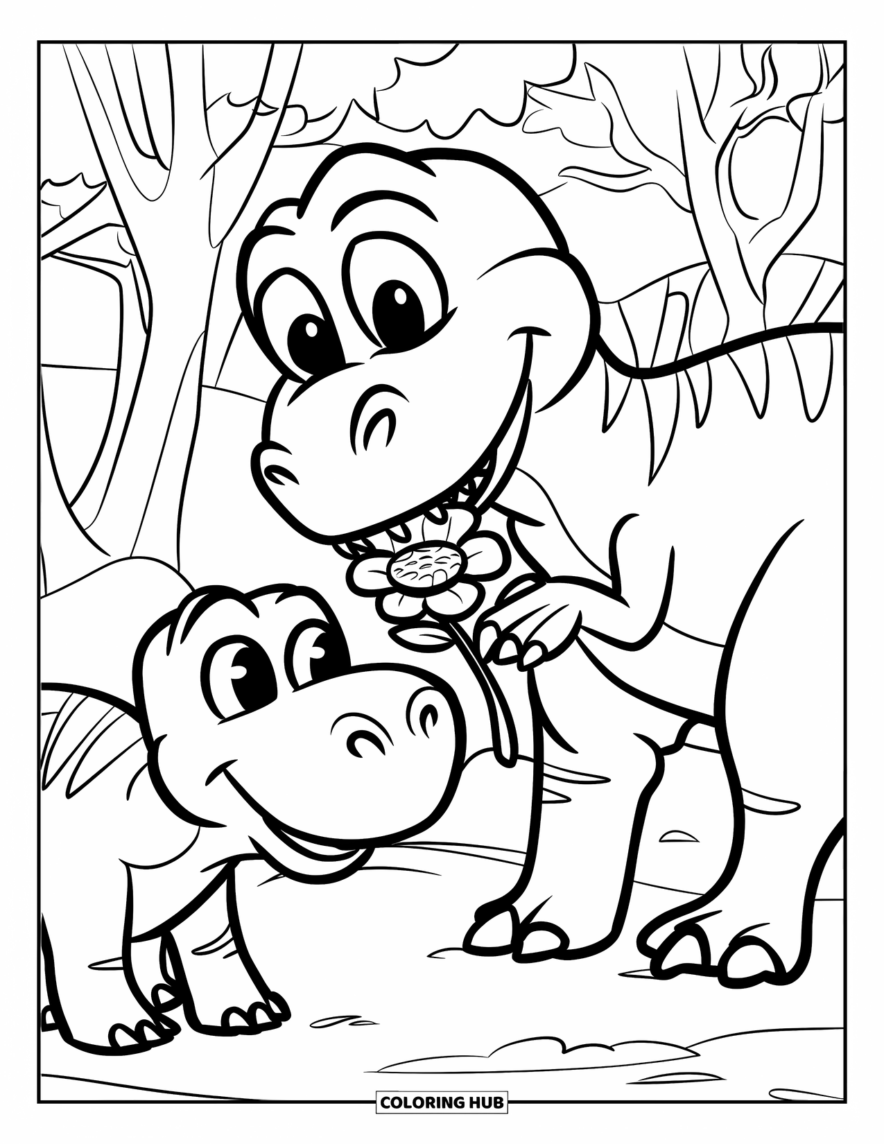 Happy Coloring Page for Kids: A dinosaur with a flower in its mouth surprises a friend near some trees