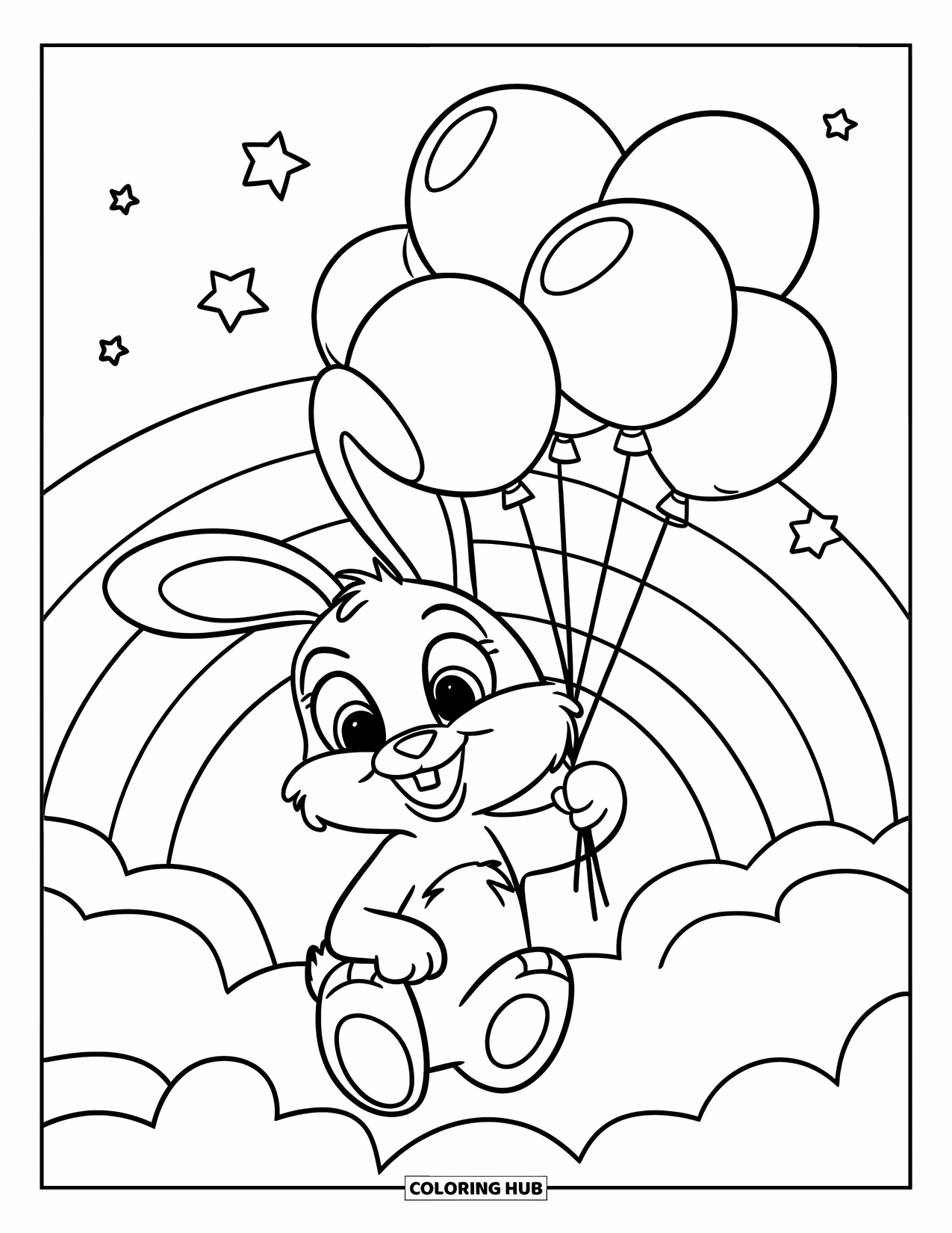 Happy Coloring Page for Kids: A happy bunny sits on a cloud holding balloons with stars and a rainbow above