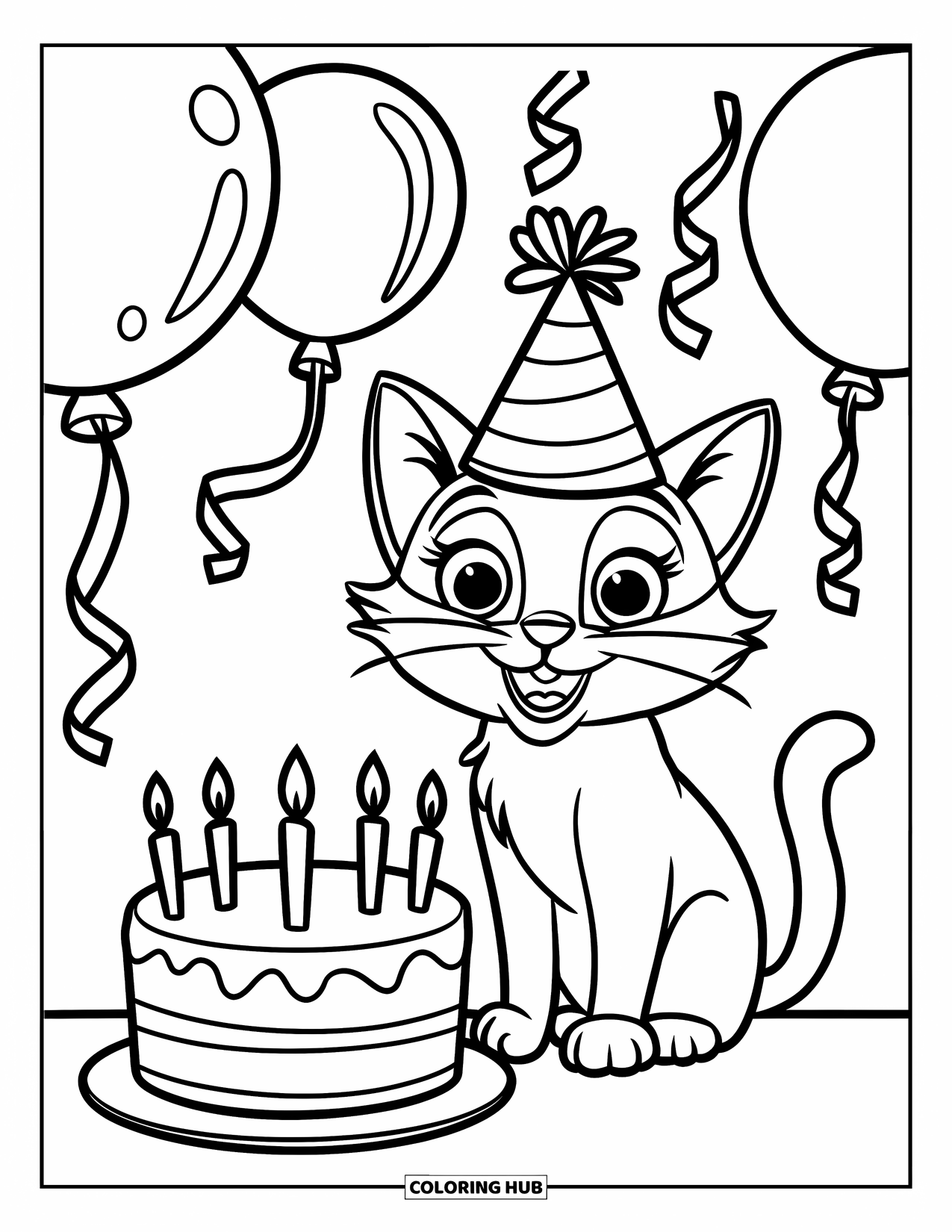 Happy Coloring Page for Kids: A happy cat with big eyes wears a party hat beside a birthday cake and balloons