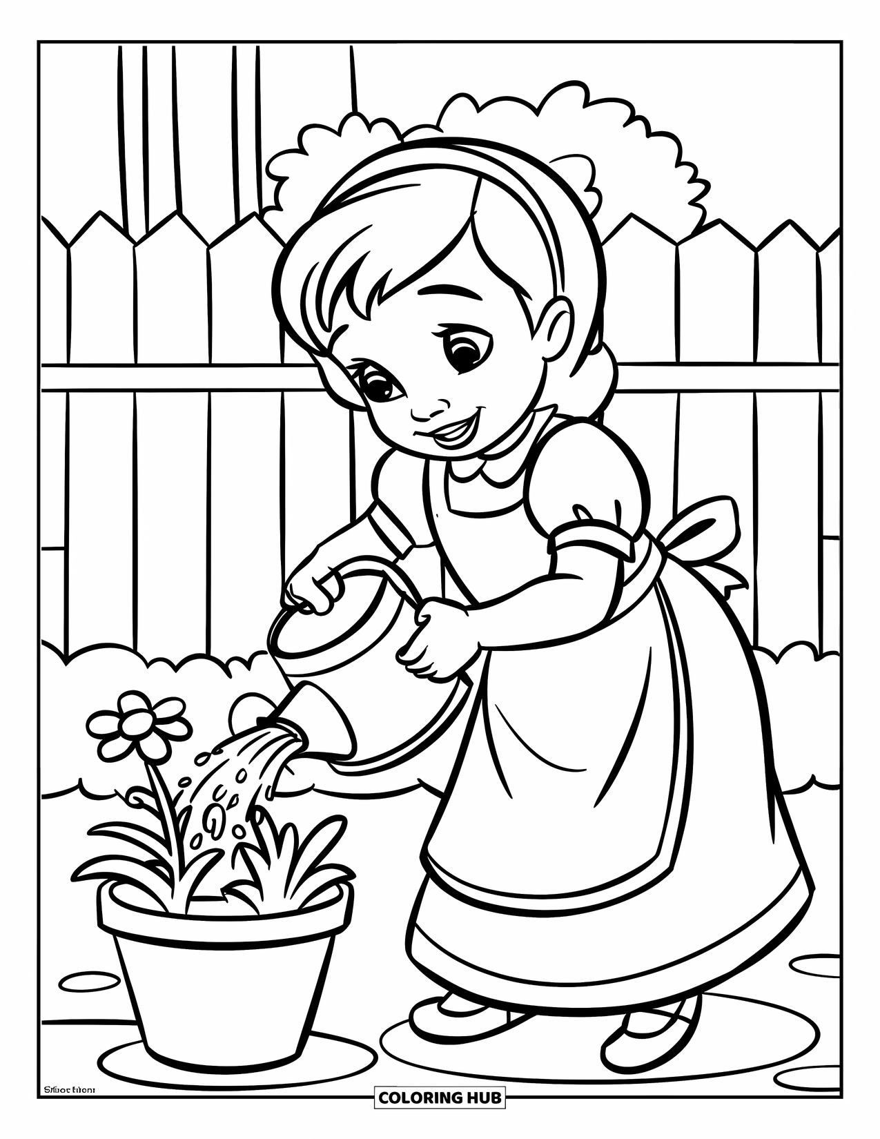 Happy Coloring Page for Kids: A happy child with a watering can tends to flowers near a garden fence