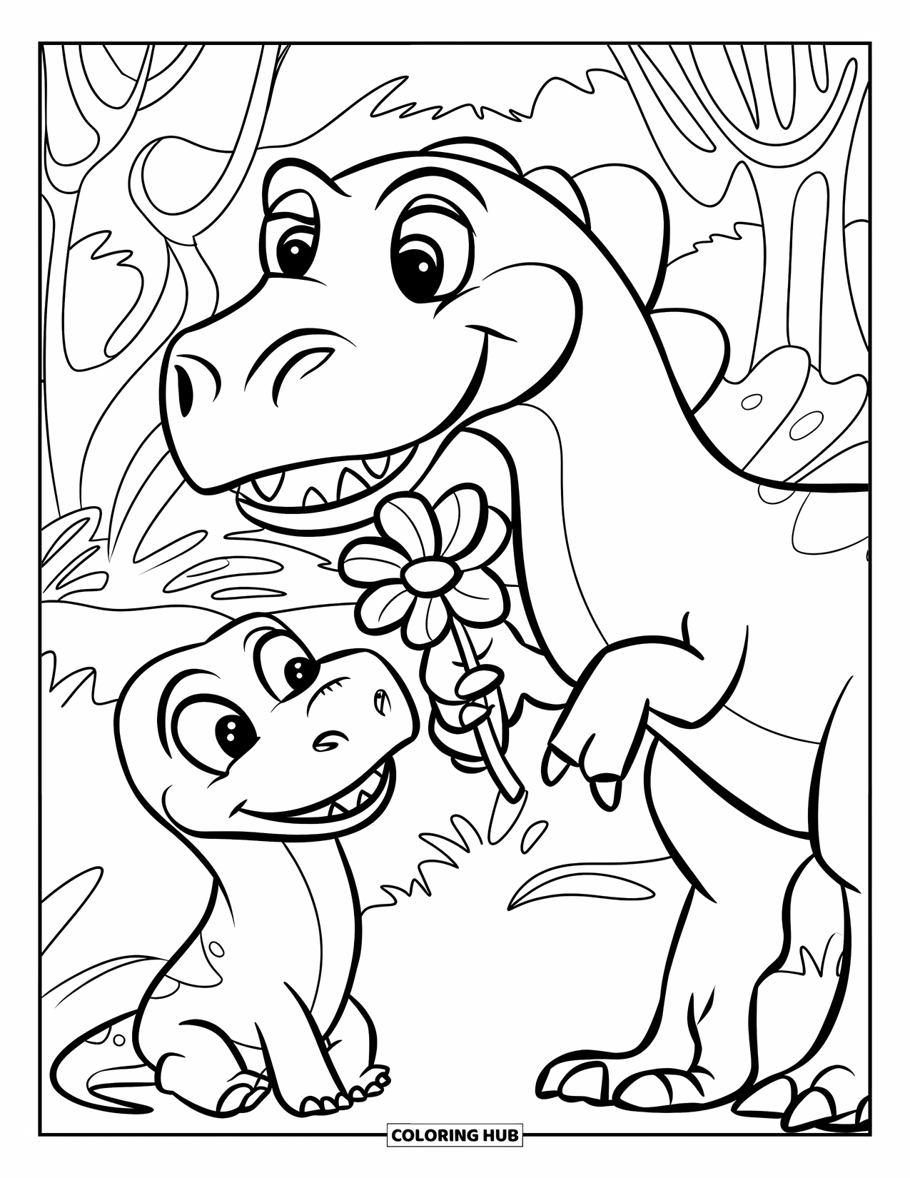 Happy Coloring Page for Kids: A happy dinosaur holds a flower in its mouth, facing a surprised dino friend