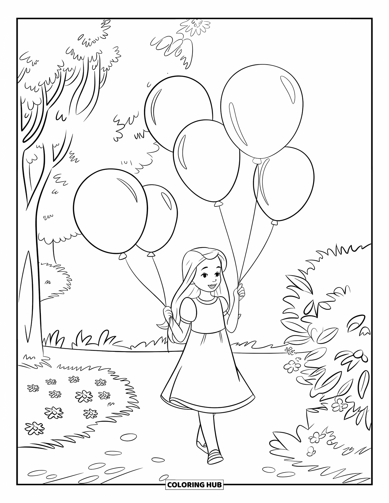 Happy Coloring Page for Kids: A happy girl walks through a garden path with balloons and trees around her