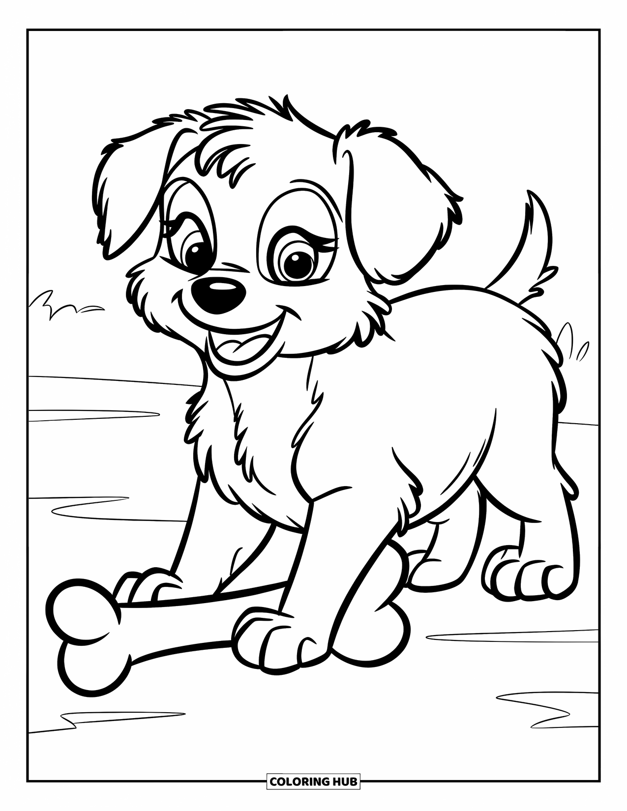 Happy Coloring Page for Kids: A happy puppy with a fluffy coat wags its tail next to a curved bone