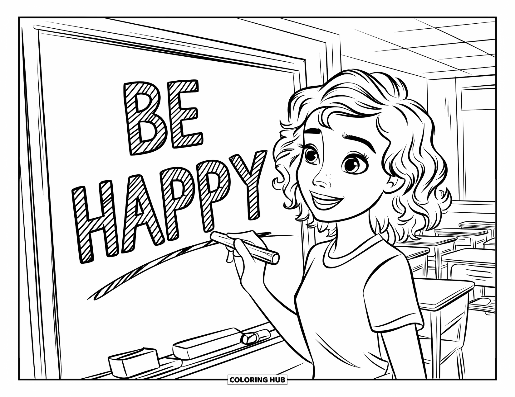 Happy Coloring Page for Kids: A happy teen writes "Be Happy" on a chalkboard in a cheerful classroom setting