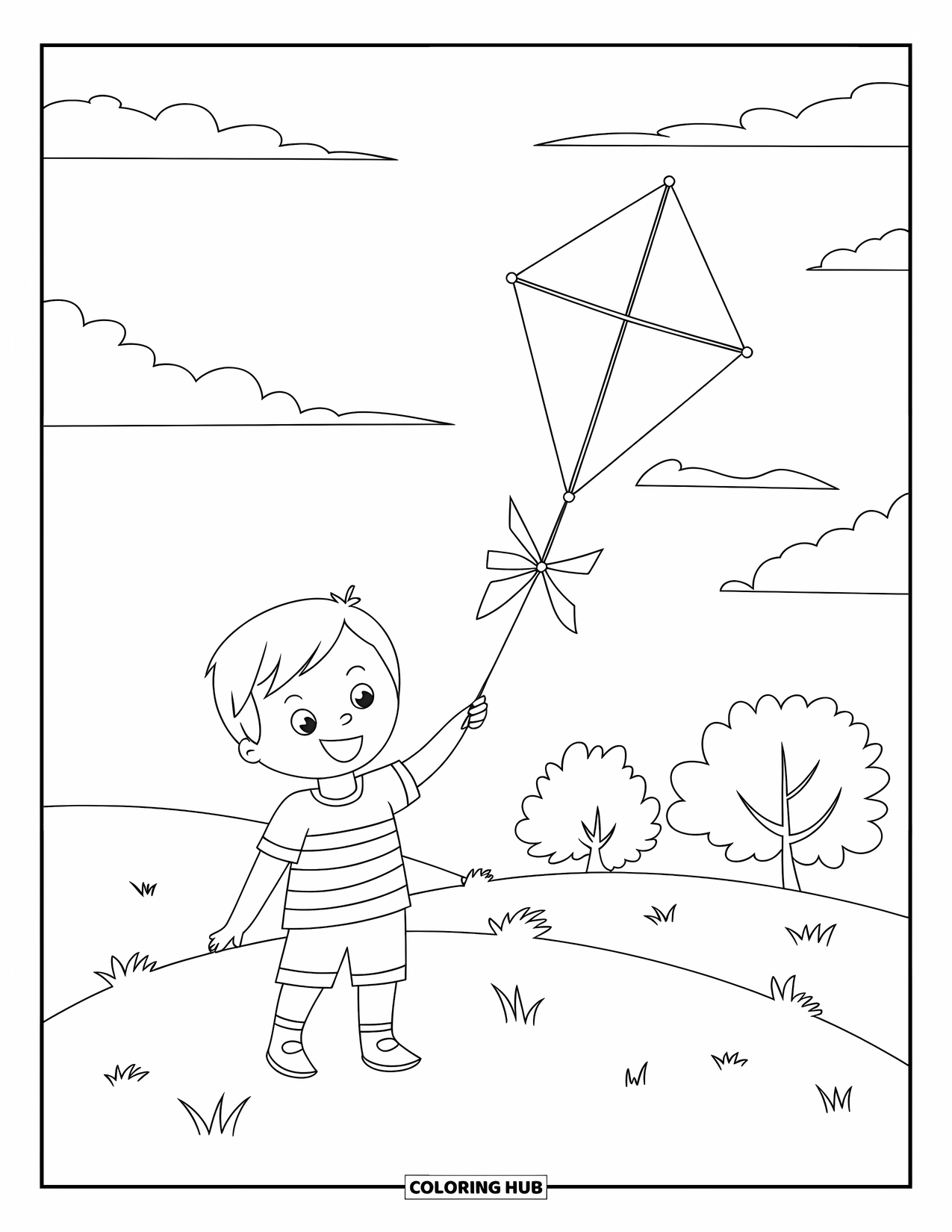 Happy Coloring Page for Kids: A joyful child flies a kite on a windy hilltop with trees and clouds in the sky